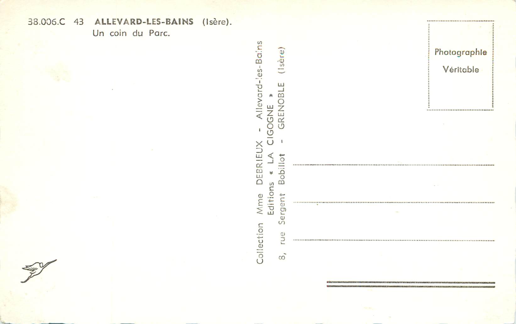 Allevard-les-Bains (Isère) — Un coin du Parc — Editions Mme Sergent Bobillot — Rückseite