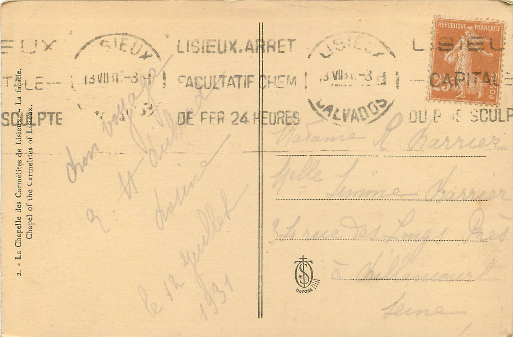 La Chapelle des Carmélites de Lisieux — Éditeur : La Poste de Lisieux, n°2 — Rückseite
