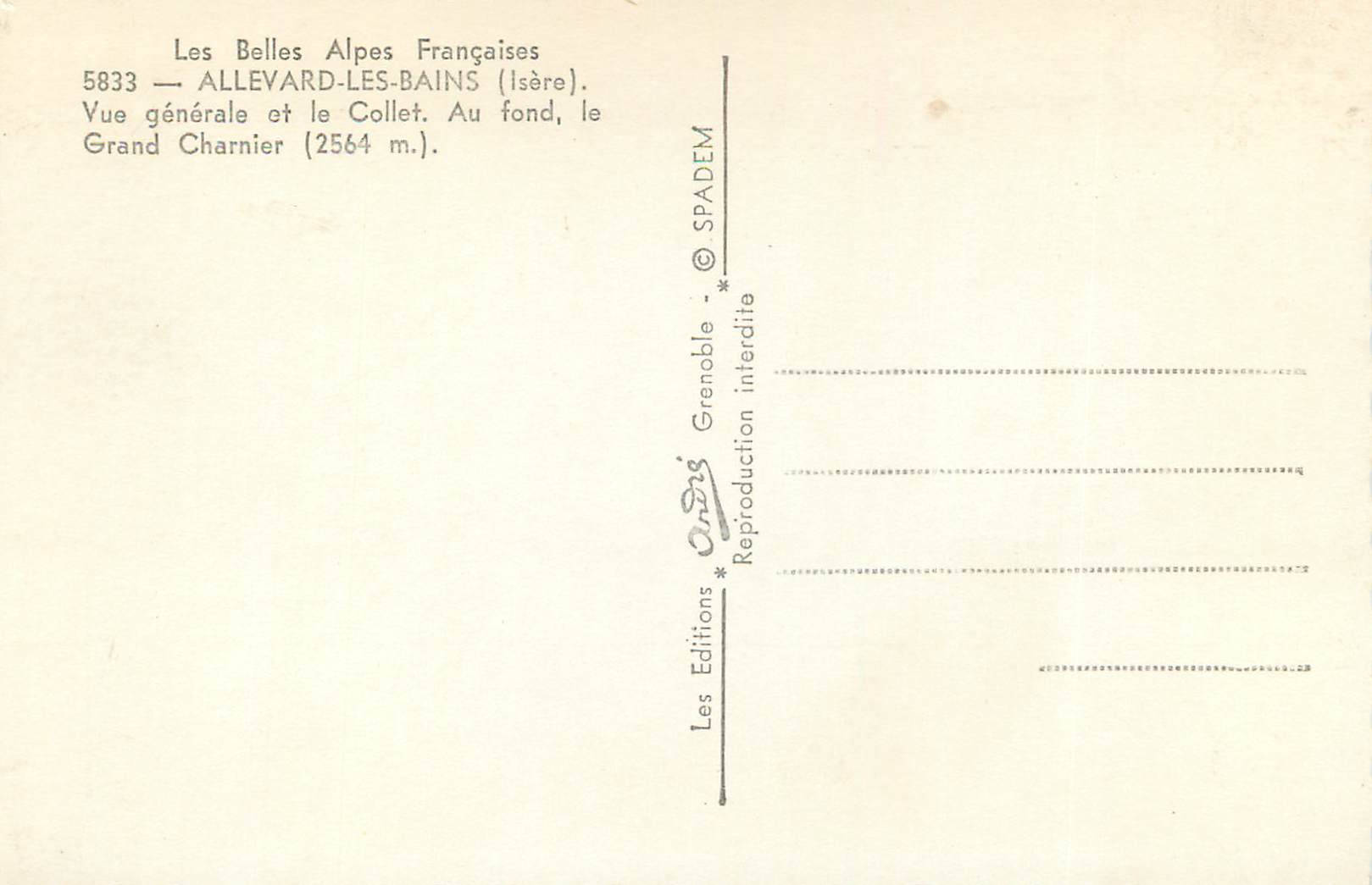 Allevard-les-Bains — Vue générale et le Collet, avec le Grand Charnier (2564 m) — Éditeur Andris, n° 5833 — Back