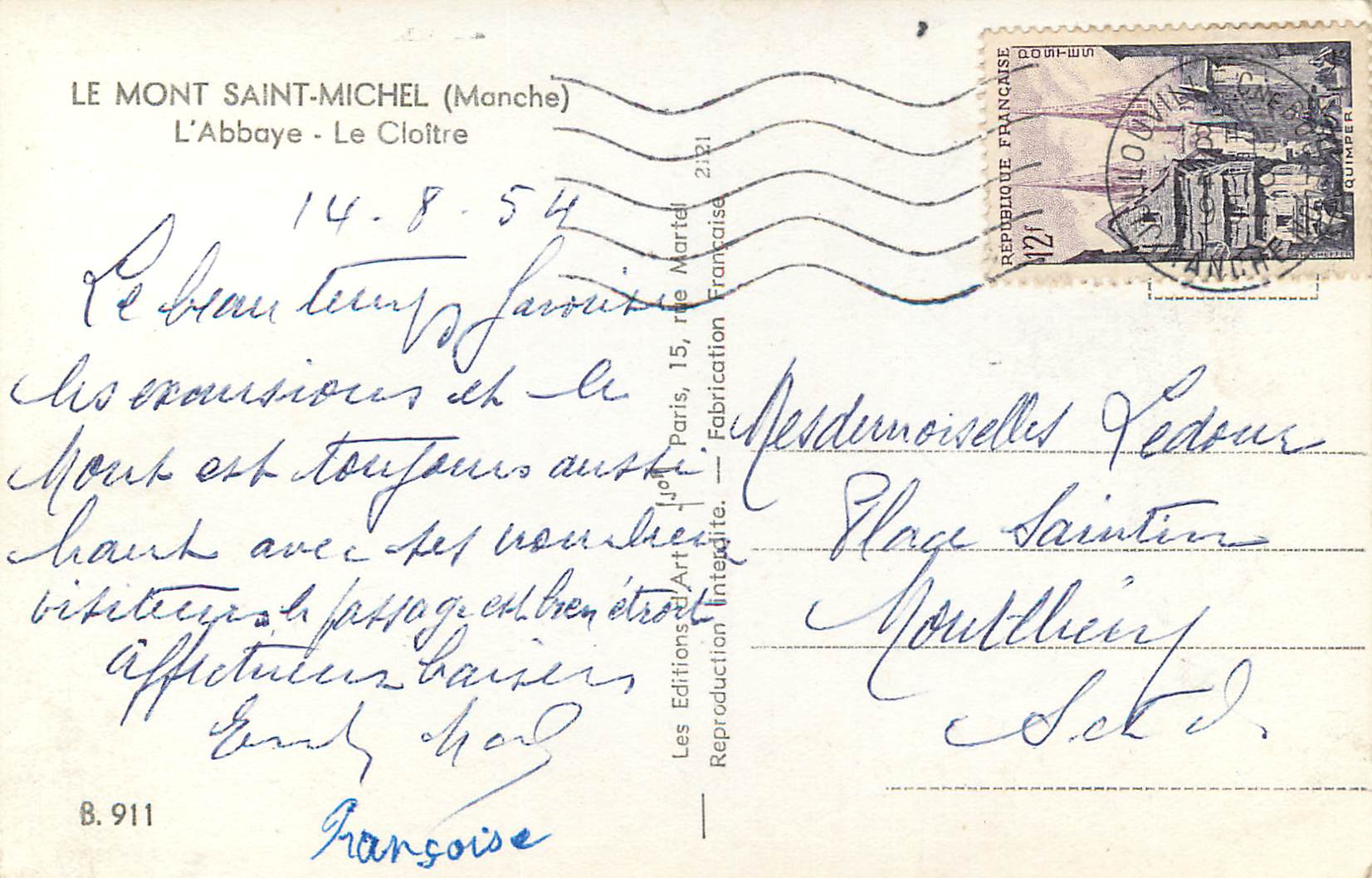 Le Mont Saint-Michel (Manche) — L'Abbaye - Le Cloître — Éditions J. Martel, B.911 — Verso