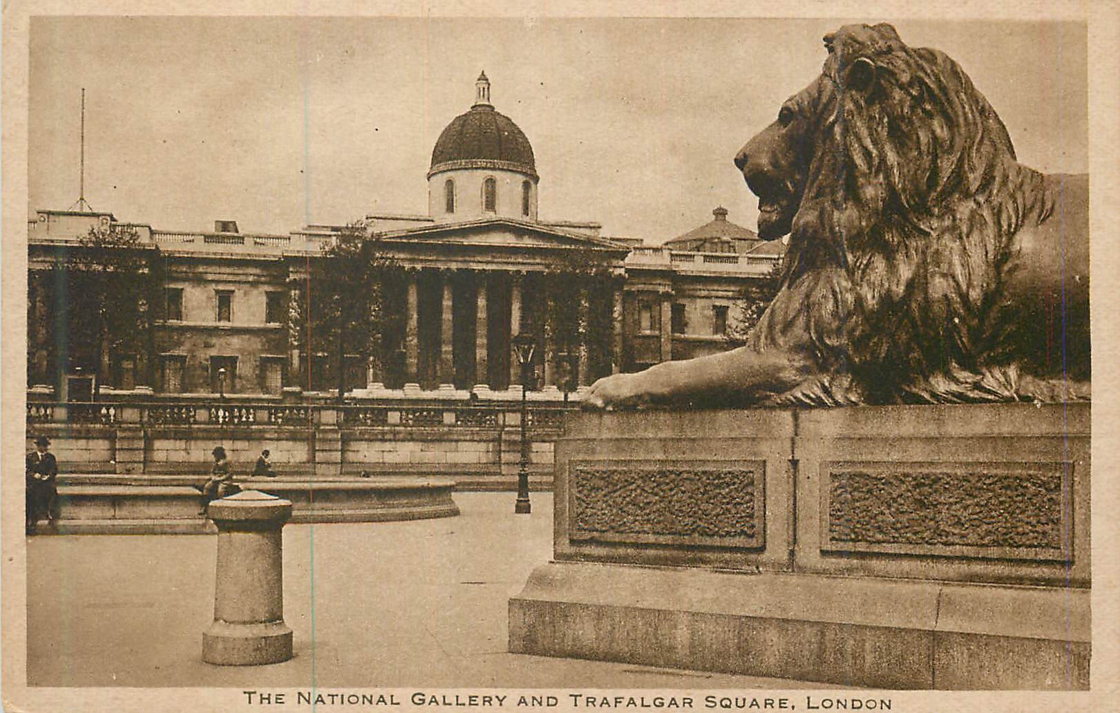 CPA The National Gallery and Trafalgar Square London Lion