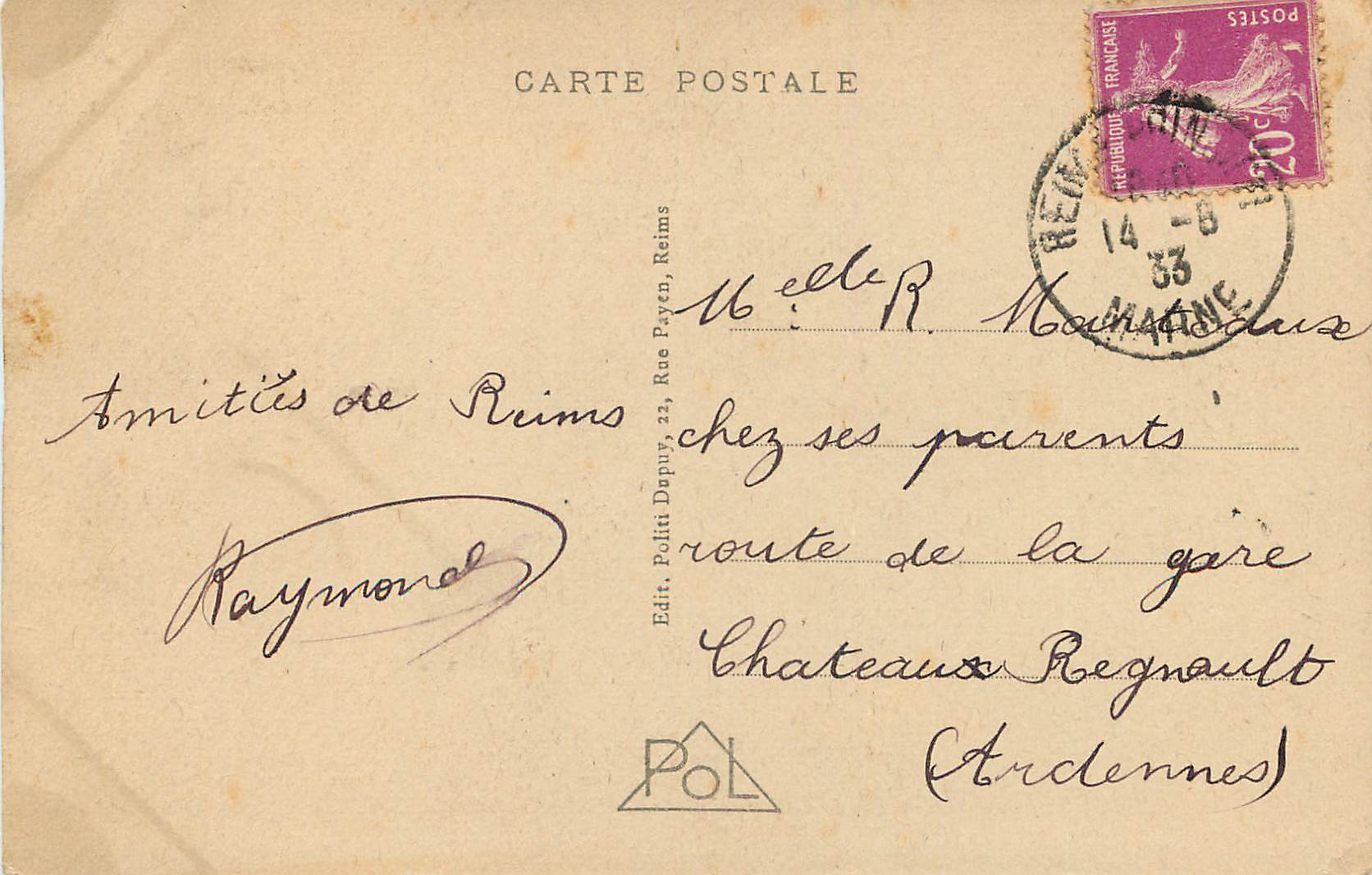 CPA Reims Fontaine Sube — Verso
