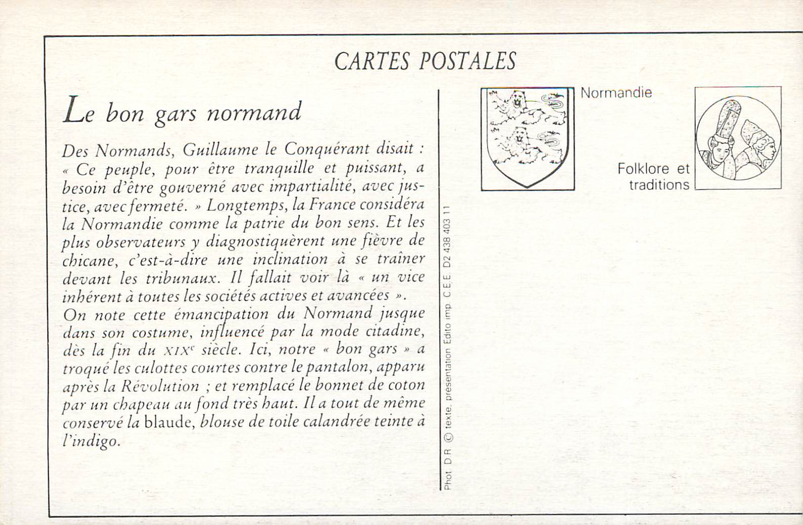 REPRO La Normandie Type et Costumes Le bon gars Normand Folklore — Rückseite