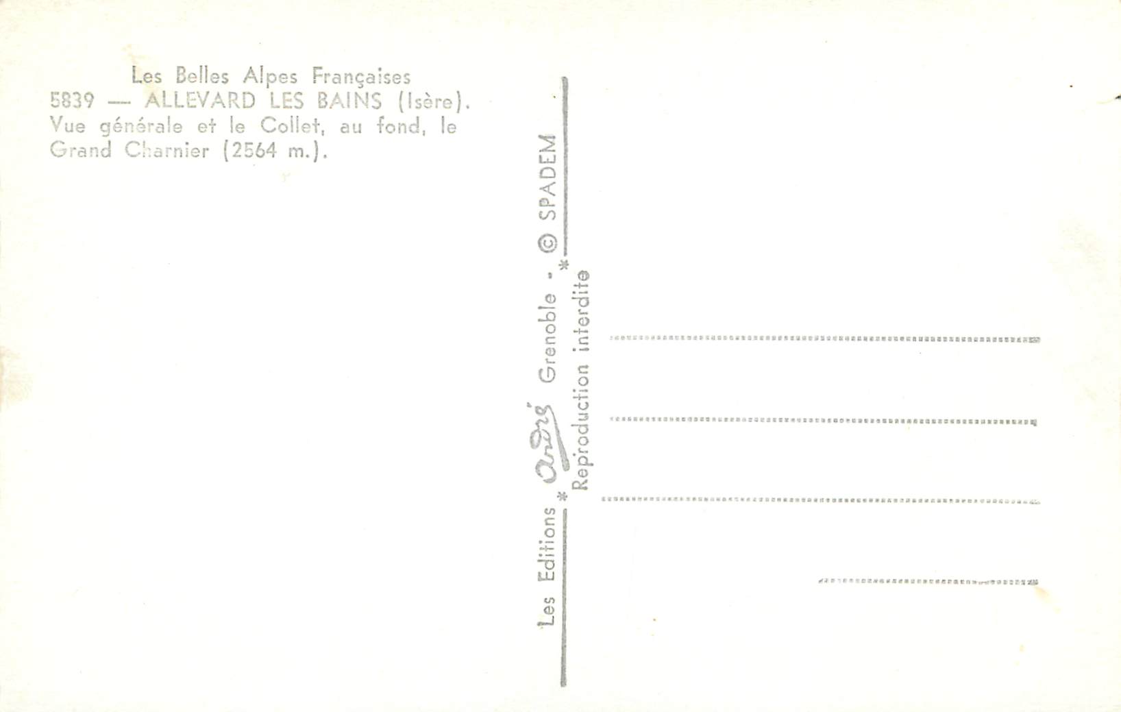 Allevard-les-Bains — Vue générale et le Collet, au fond, le Grand Charnier (2564 m.) — Les Belles Alpes Françaises, n° 5839 — Verso