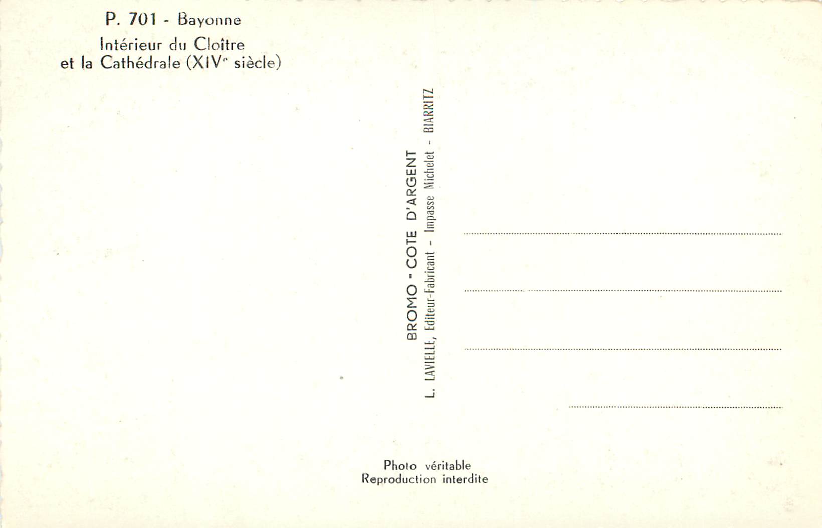 CPM Bayonne Interieur du Cloitre et la Cathedrale (XIVe siecele) — Verso