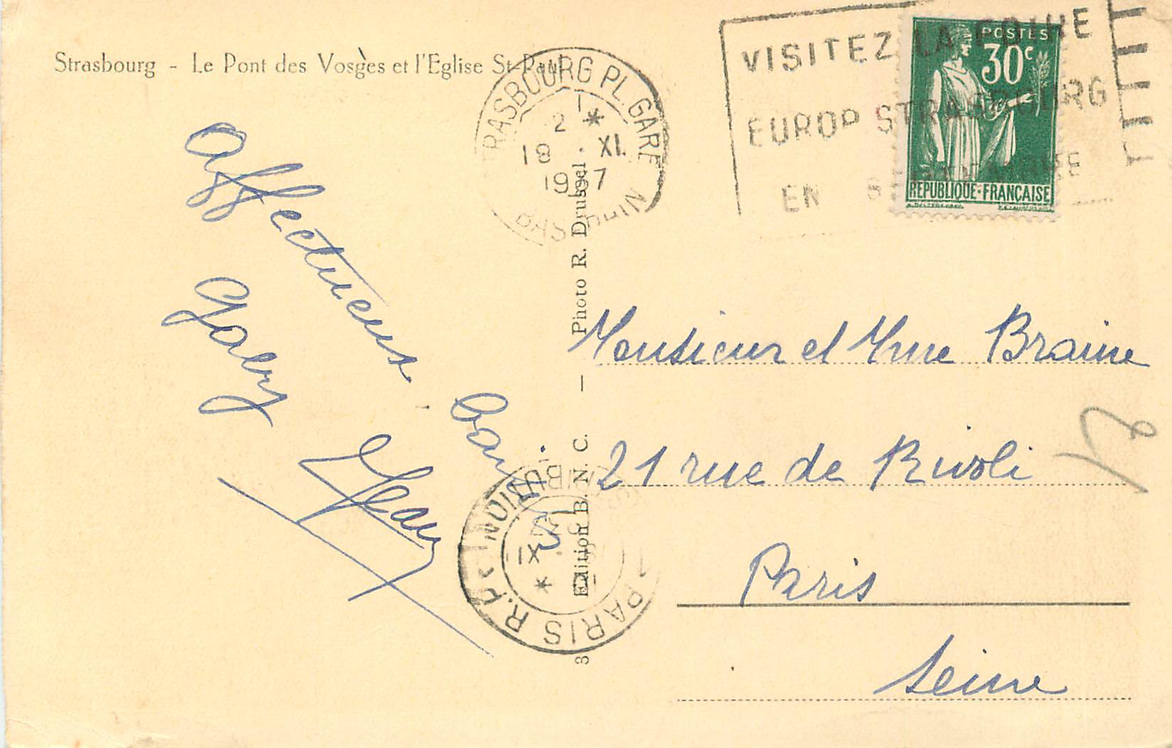 CPA Strasbourg Le Pont des Vosges et l'Eglise St Paul — Verso