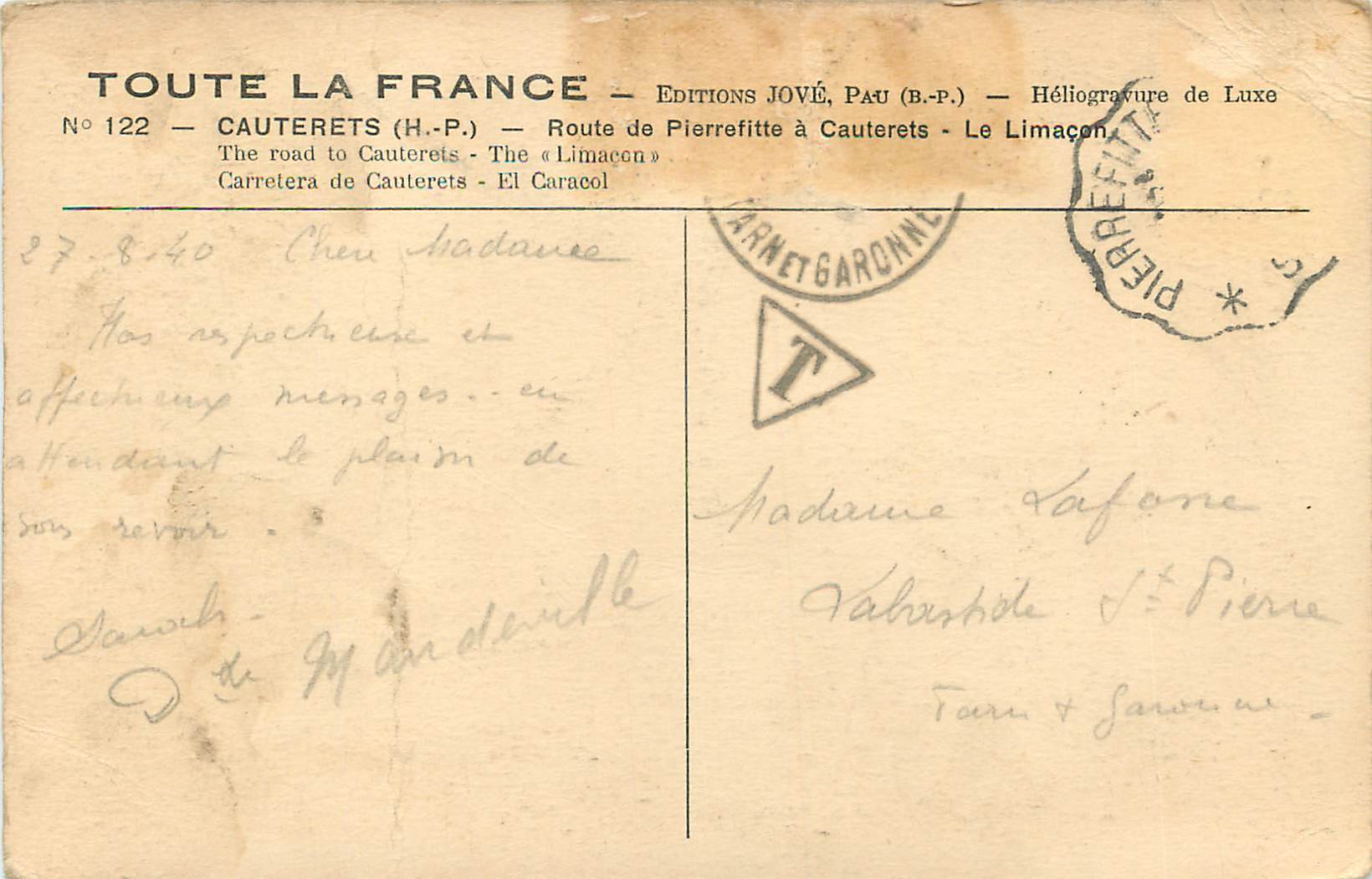 Route de Pierrefitte à Cauterets — Le Limaçon — Éditions Jové, Pau (B.P.) — Rückseite