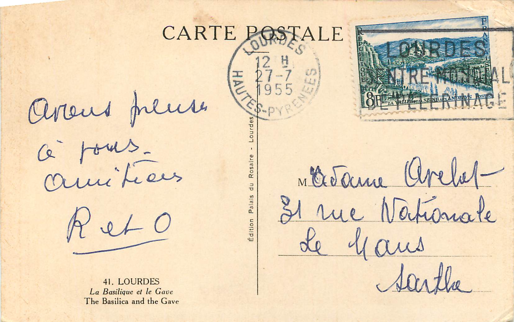 CPA Lourdes La Basilique et le Gave — Verso