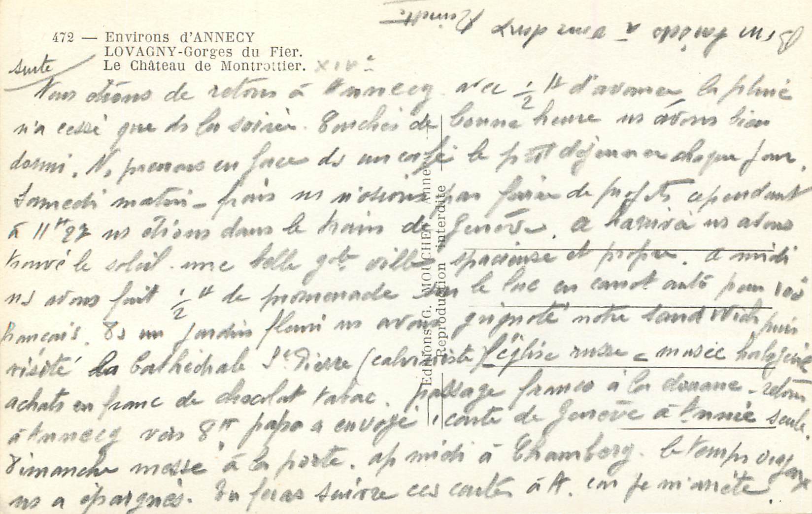 Château de Montrottier — Environs d'Annecy, Lovagny-Gorges du Fier — Éditions G. Wolchère, n° 472 — Rückseite