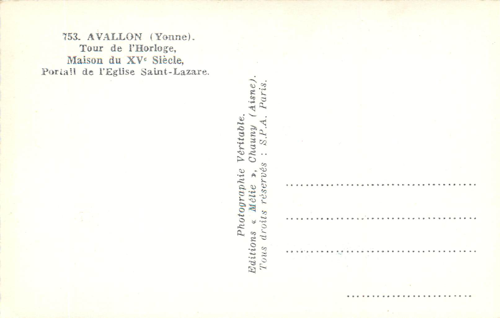 Avallon (Yonne) — Tour de l'Horloge, Maison du XVᵉ siècle, Portail de l'Église Saint-Lazare — Éditions « Mélite », Chauny (Aisne). Paris. — Rückseite