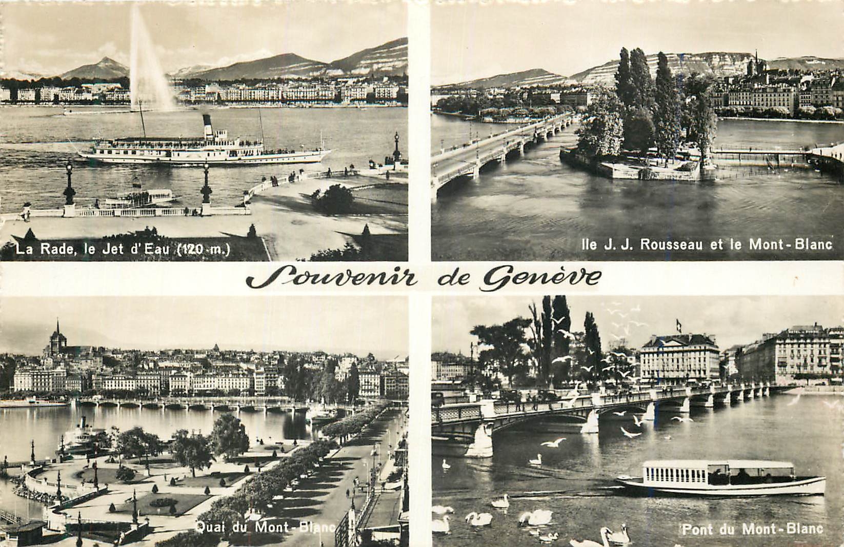 CPA Souvenir de Geneve La rade le jet d'eau Ile JJ Rousseau et le Mont Blanc Quai du Mont Blanc 
