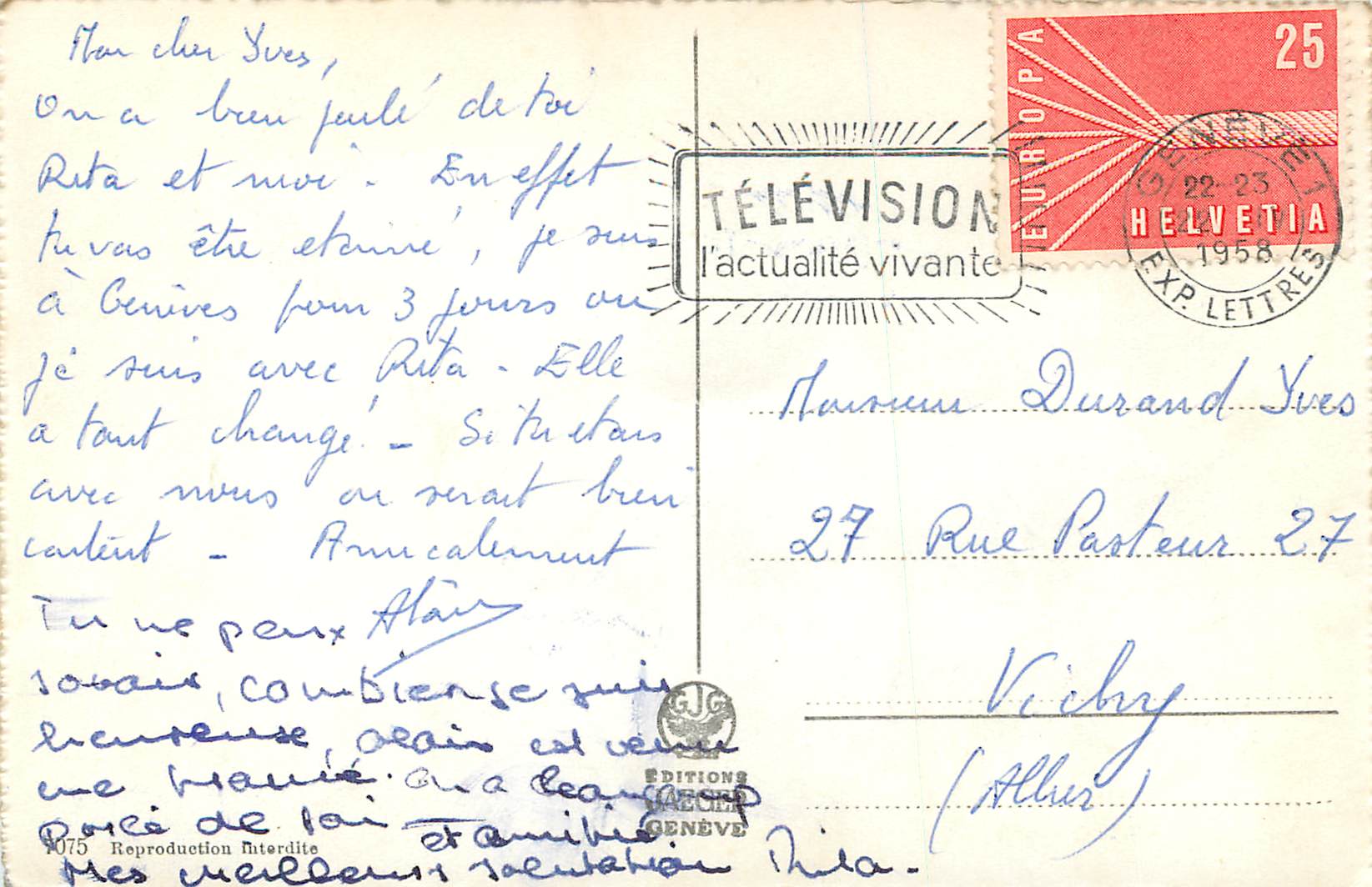 CPA Souvenir de Geneve La rade le jet d'eau Ile JJ Rousseau et le Mont Blanc Quai du Mont Blanc  — Rückseite