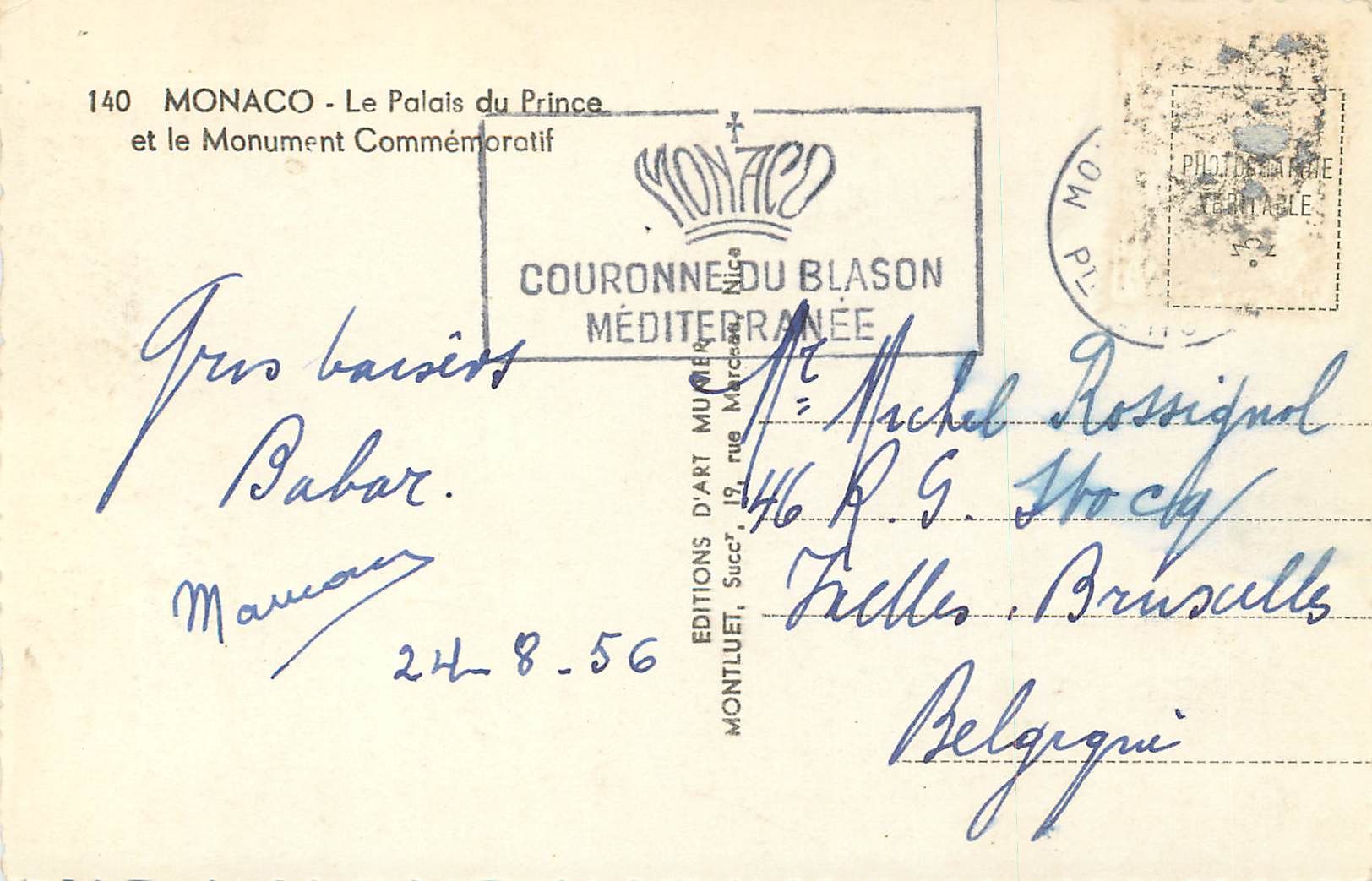 CPM Monaco Le Palais du Prince et le Monument Commemoratif — Verso