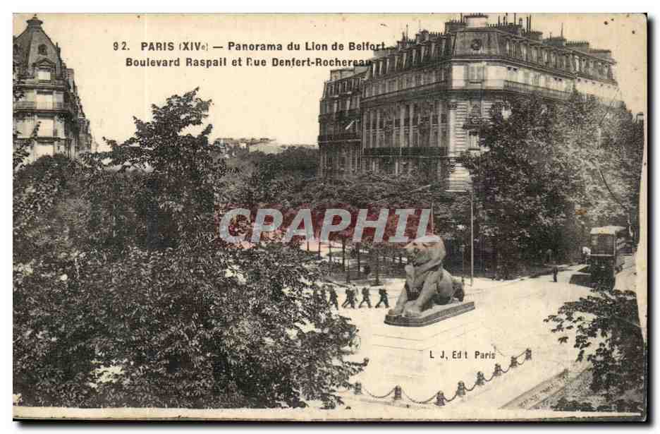 Paris 14 - Le Lion de Belfort - Boulevard Raspail et Rue Denfert Rochereau - CPA 