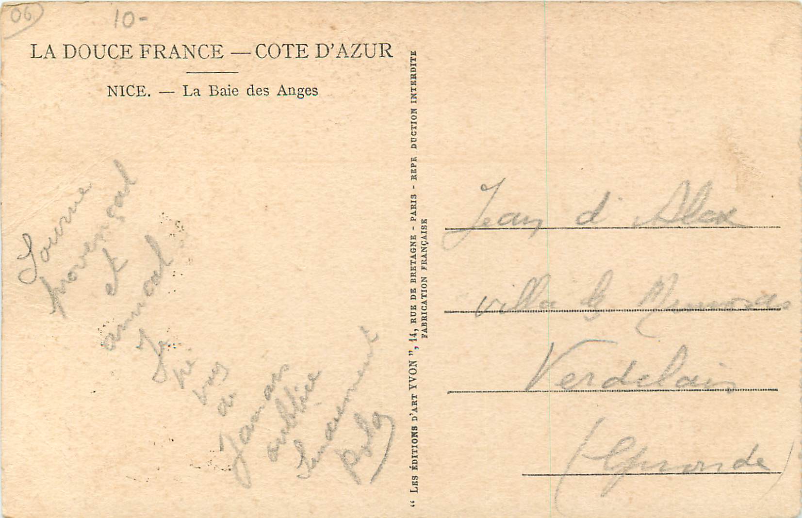 CPA Douce de France Nice La Baie des Anges — Rückseite