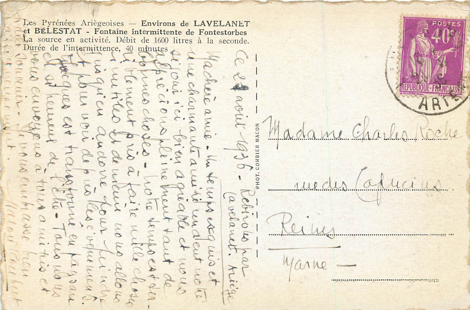 CPA Les Pyrenees Ariegeoises Environs de Lavelanet et Belestat Fontaine Intermittente de Fontestorbes — Rückseite