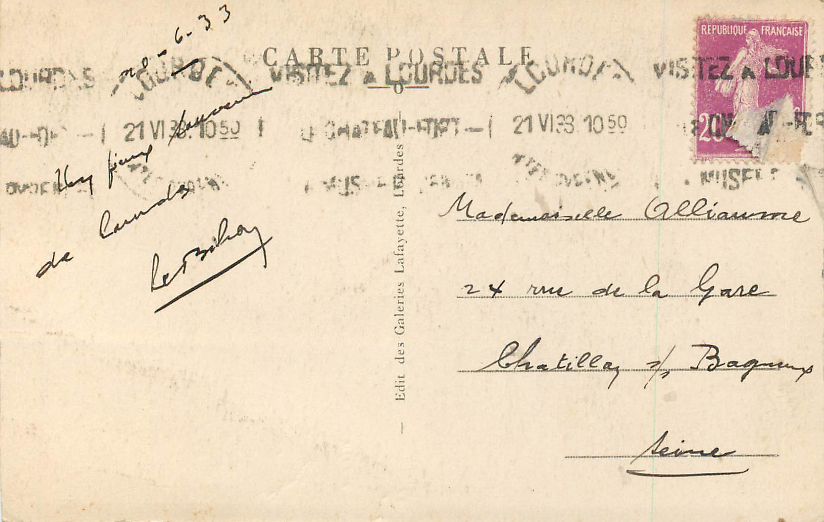 CPA Lourdes La Grotte — Verso