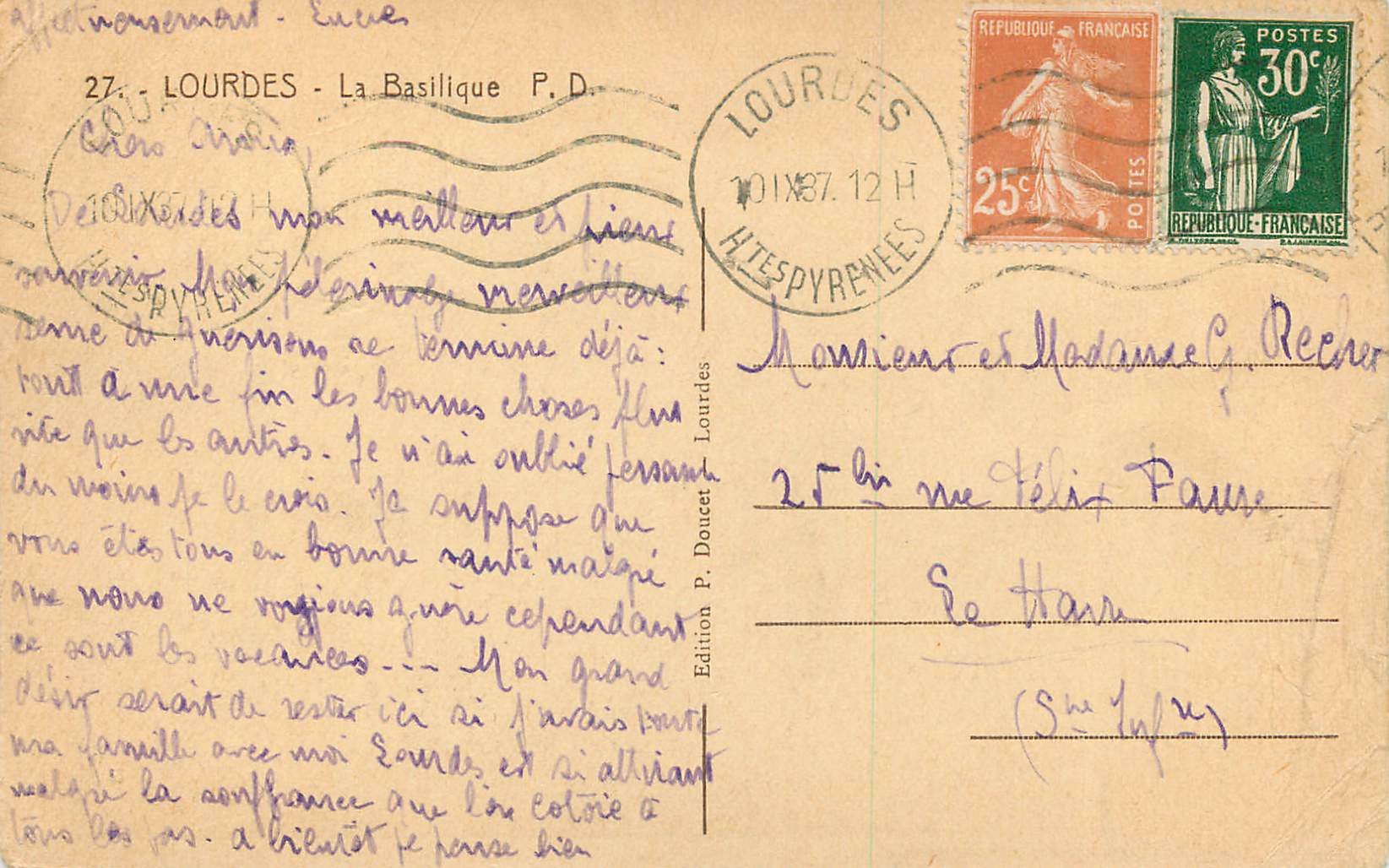 CPA Lourdes La Basilique Berger Moutons — Verso