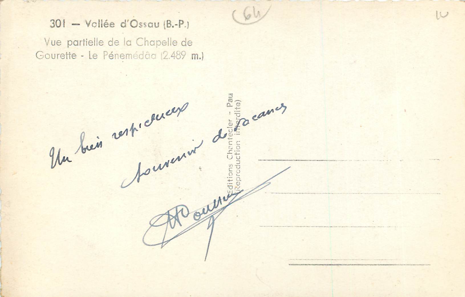 Vue partielle de la Chapelle de Gourette - Le Péneméda (2.489 m.) — Chantegler, n° 301 — Verso
