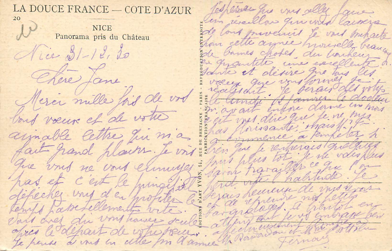 CPA Douce de France Nice Panorama Pris du Chateau — Rückseite