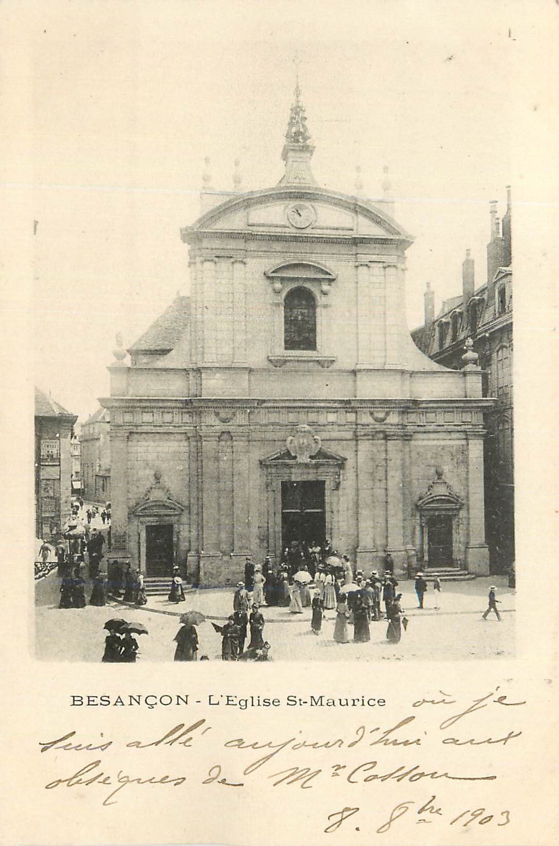 Besançon - L'Église St-Maurice — vue de la façade avec foule — éditeur Henri IV, n°52