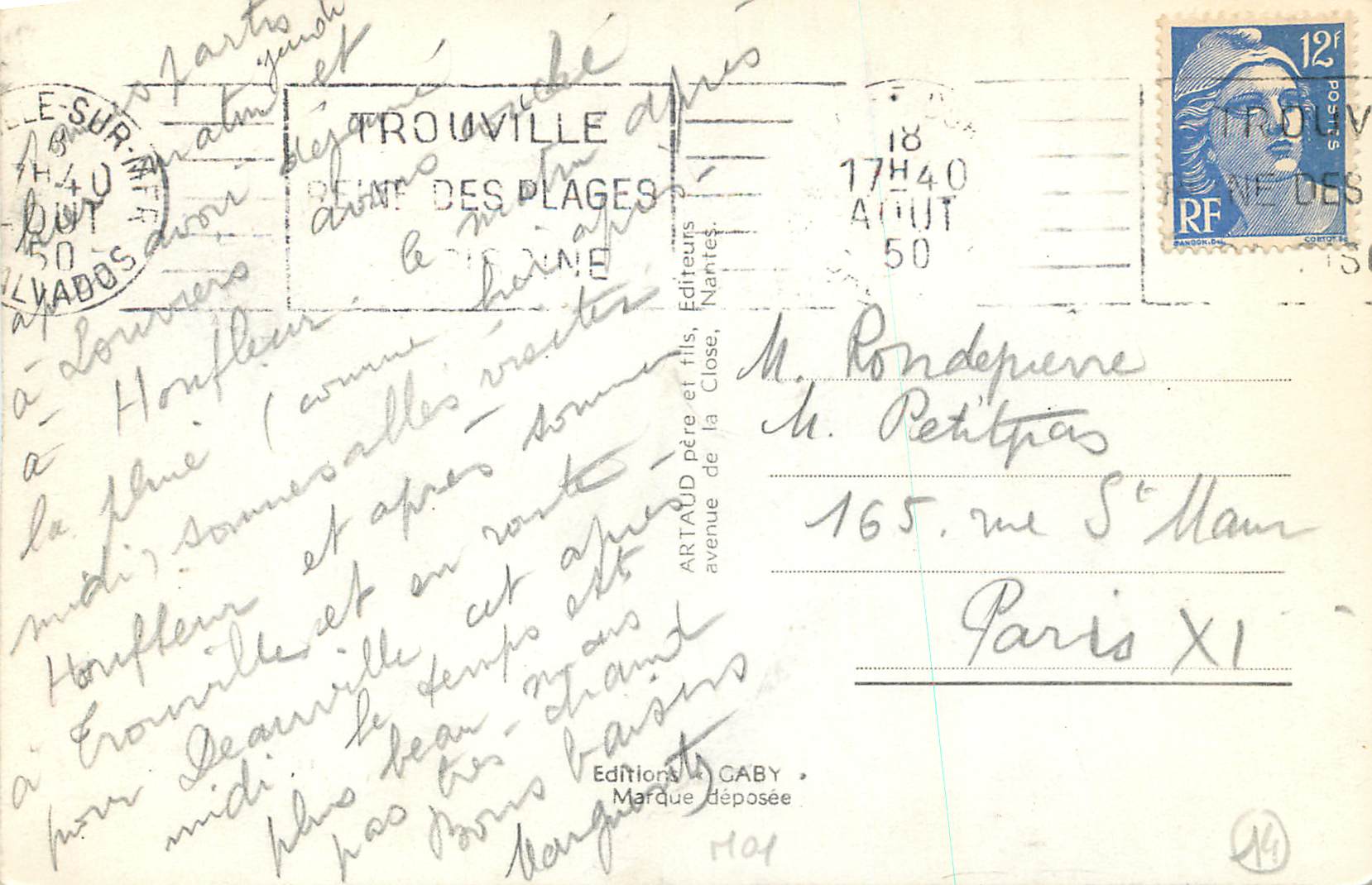 Deauville — Vue du Bassin des Yachts, Le Casino, La Plage, Le Royal-Hôtel et les Jardins, Le Normandy-Hôtel — Éditions Gaby — Verso