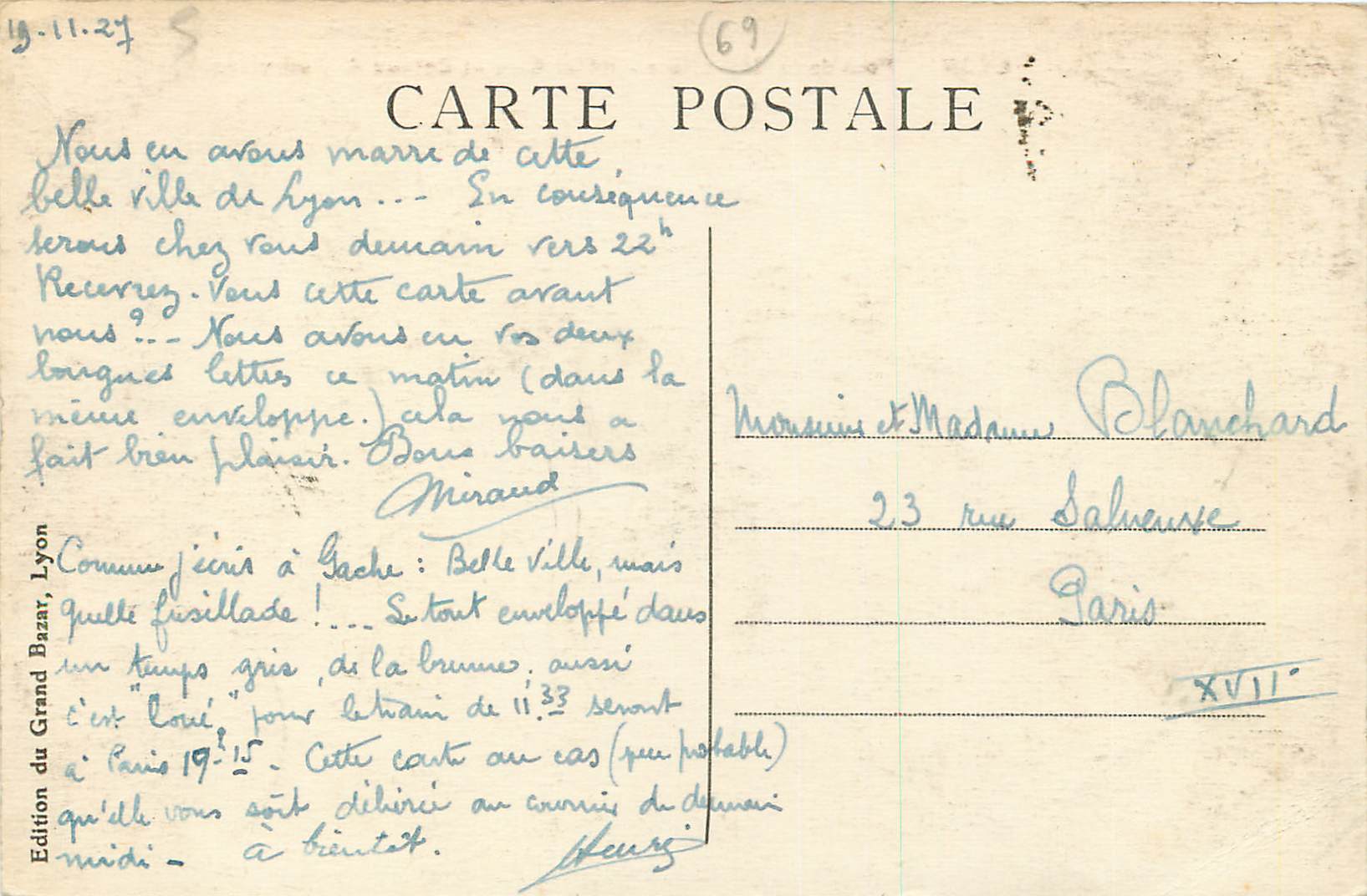 CPA Lyon Pont de la Guillotiere Hotel Dieu et Coteau de Fourviere — Rückseite