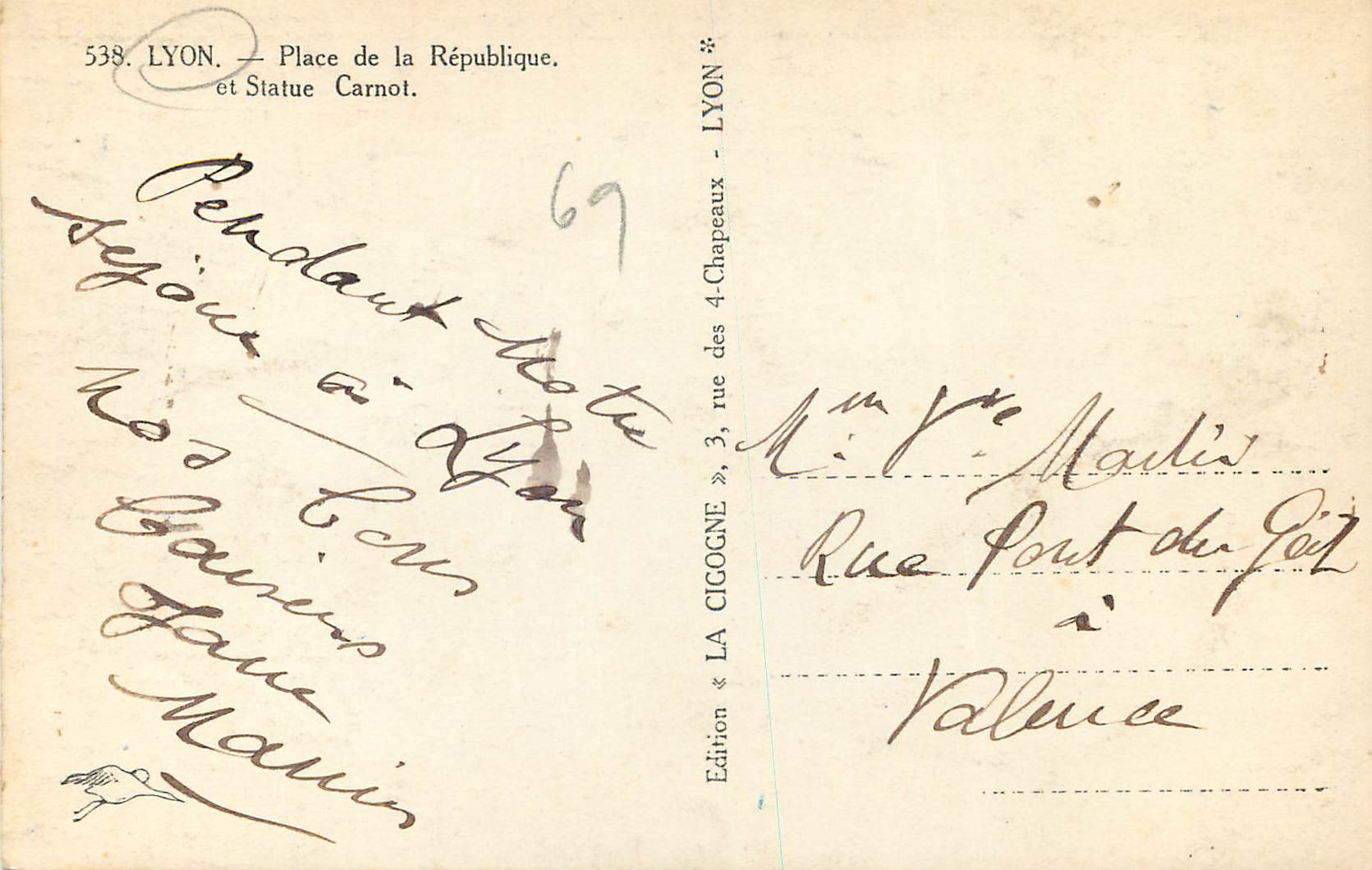 CPM Lyon Place de la Republique et Statue carnot — Verso