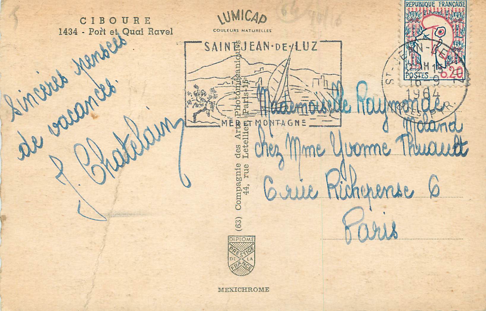 Ciboure - Port et Quai Ravel — éditeur LUMICAP, n° 1434 — Verso