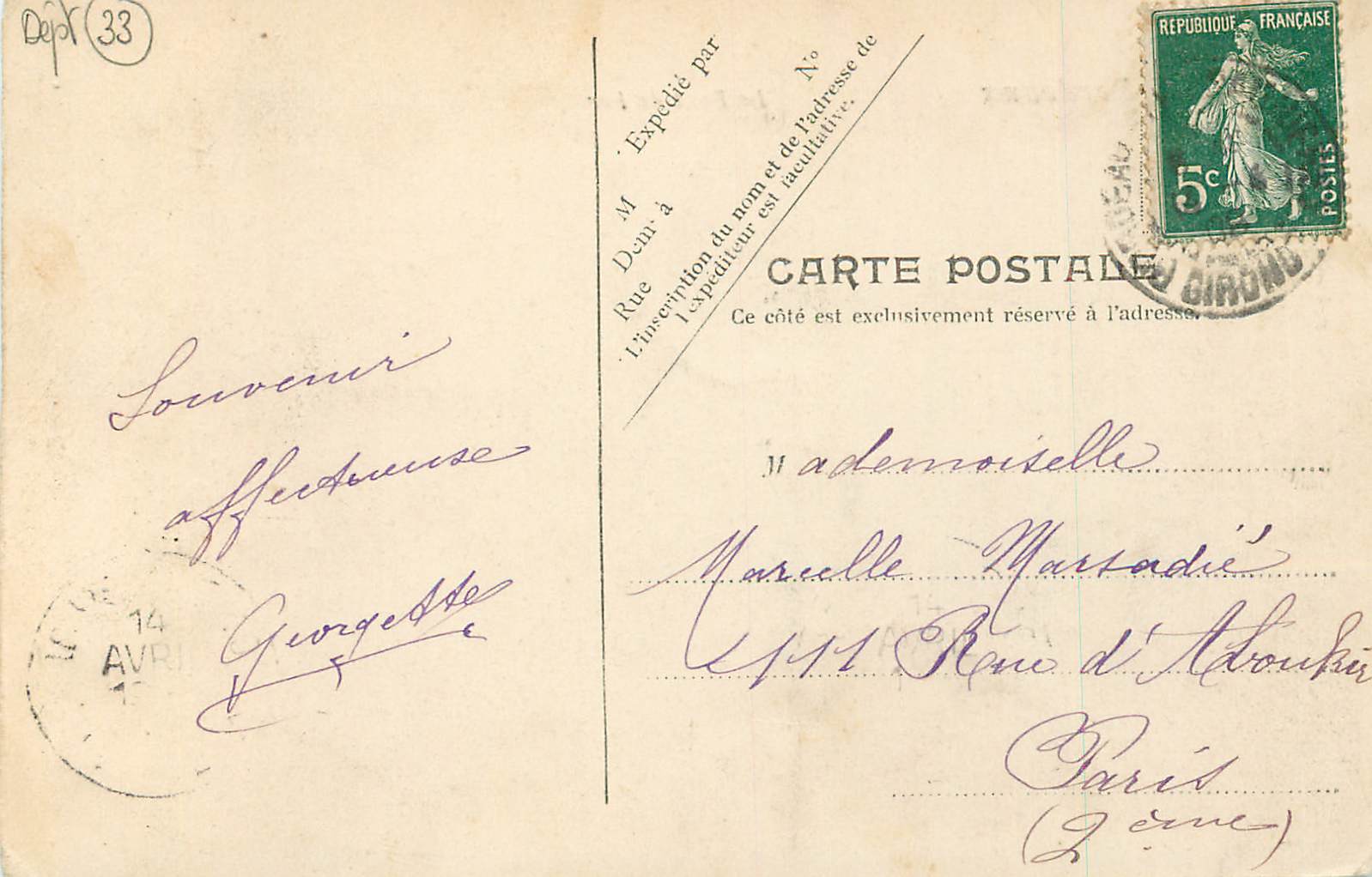 CPA Bordeaux Le Pont de Fer — Rückseite