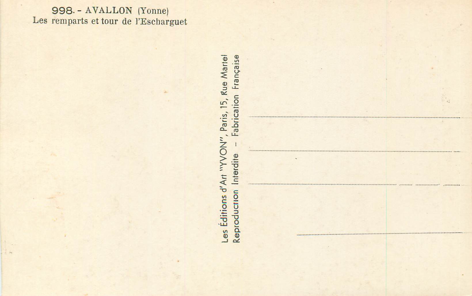 Avallon (Yonne) — Les remparts et tour de l'Escharguet — Éditions d'Art 'YVON' — Reverso