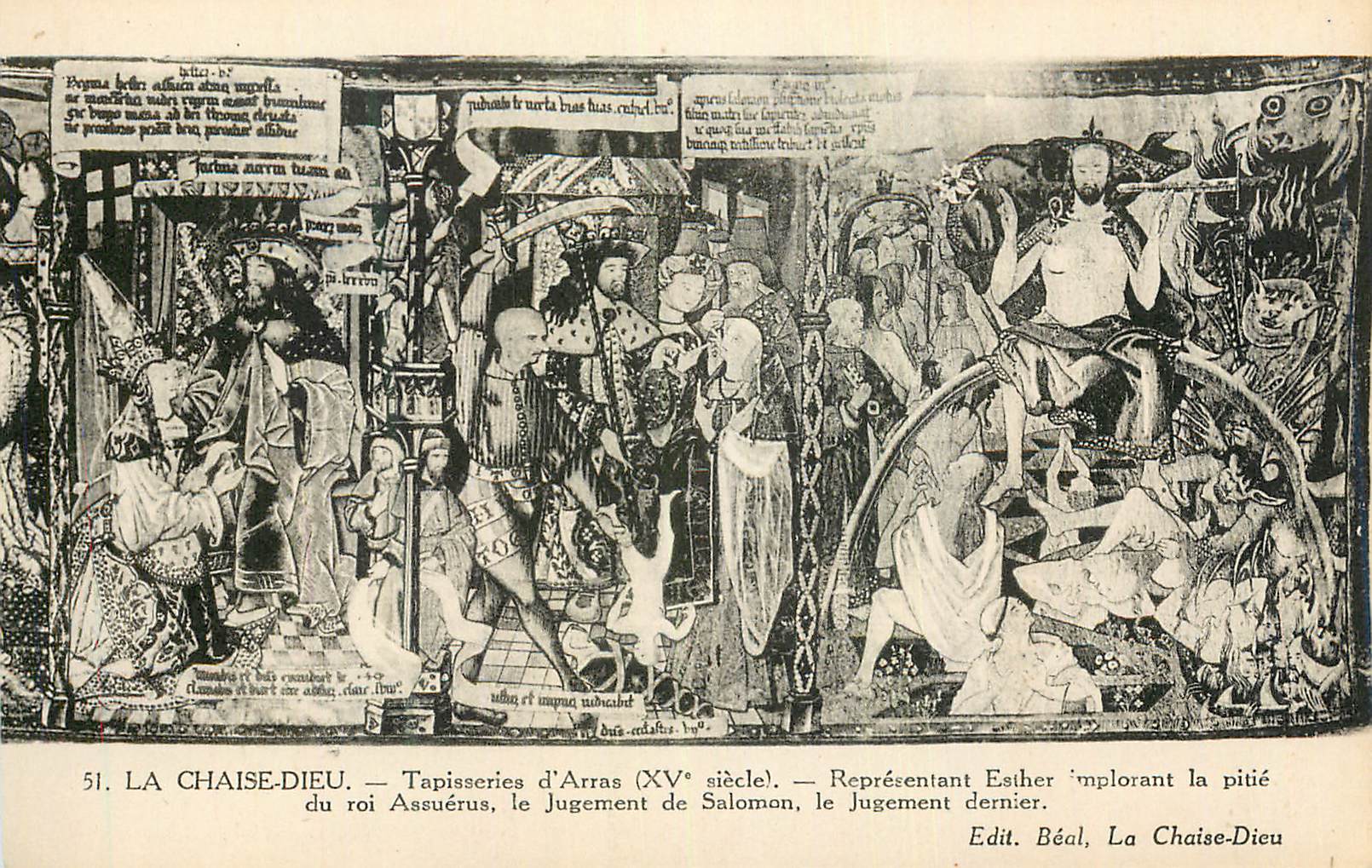 La Chaise-Dieu — Tapisseries d'Arras (XVe siècle) — Représentant Esther implorant la pitié du roi Assuérus, le Jugement de Salomon, le Jugement dernier. — Edit. Béal, La Chaise-Dieu