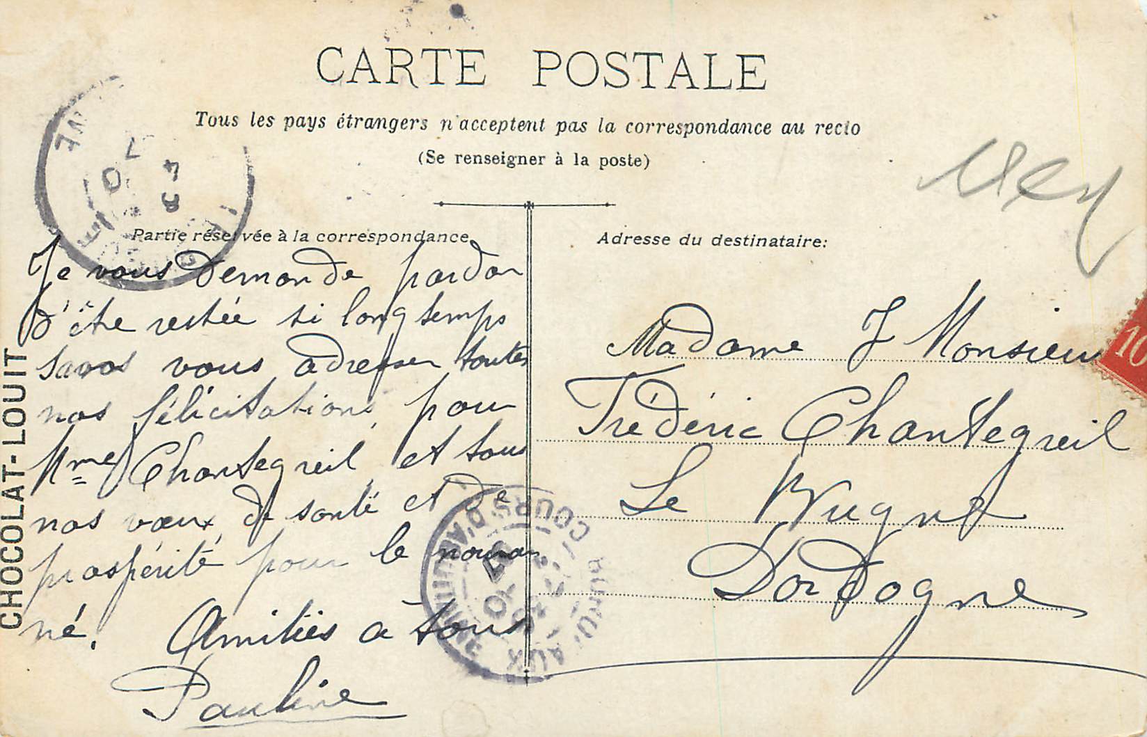 CPA Cascade de Faytou (Cantal)Edite par le Chocolat Louit — Rückseite