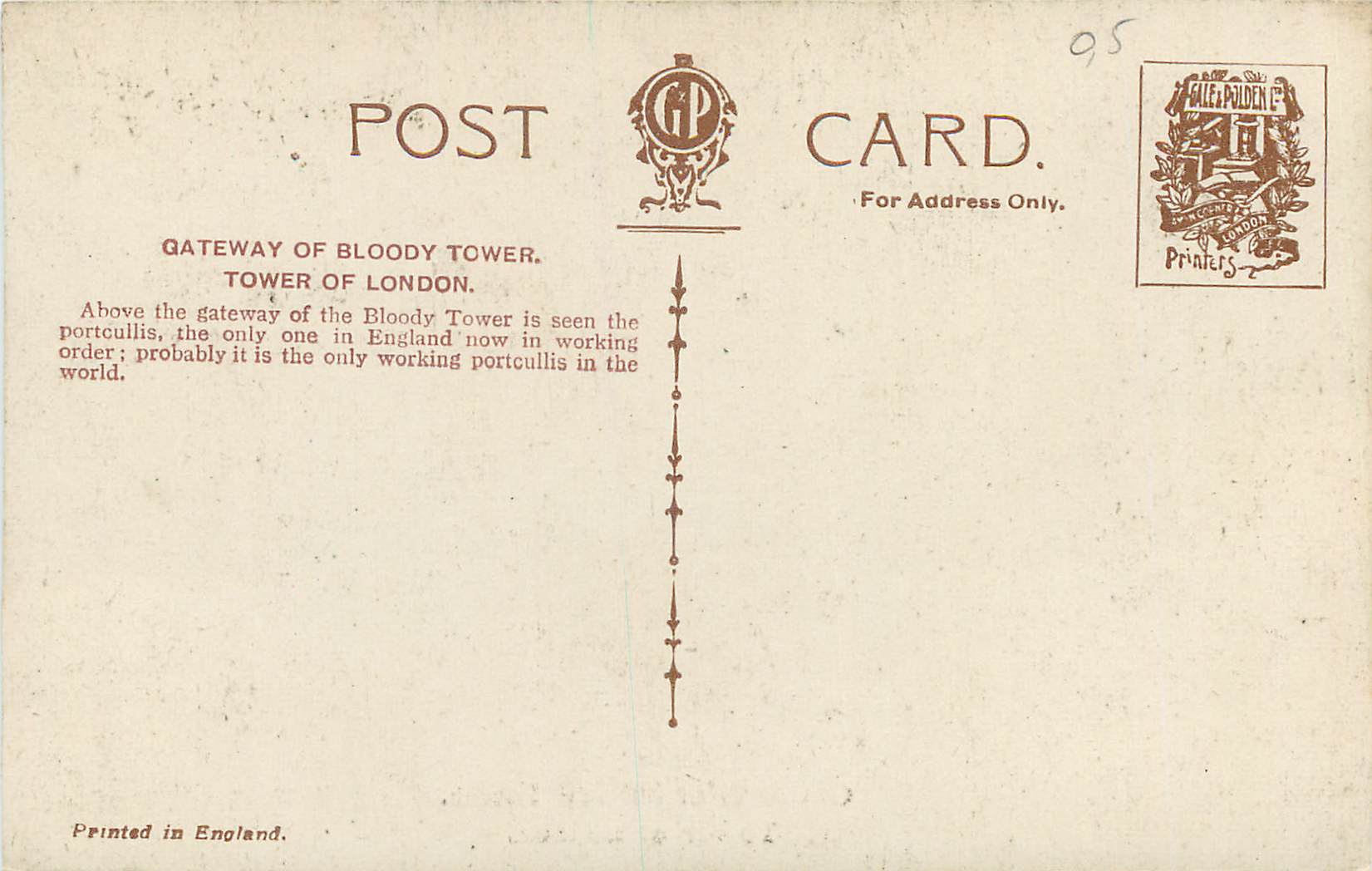 CPA Gateway of Bloody Tower Tower of London — Back