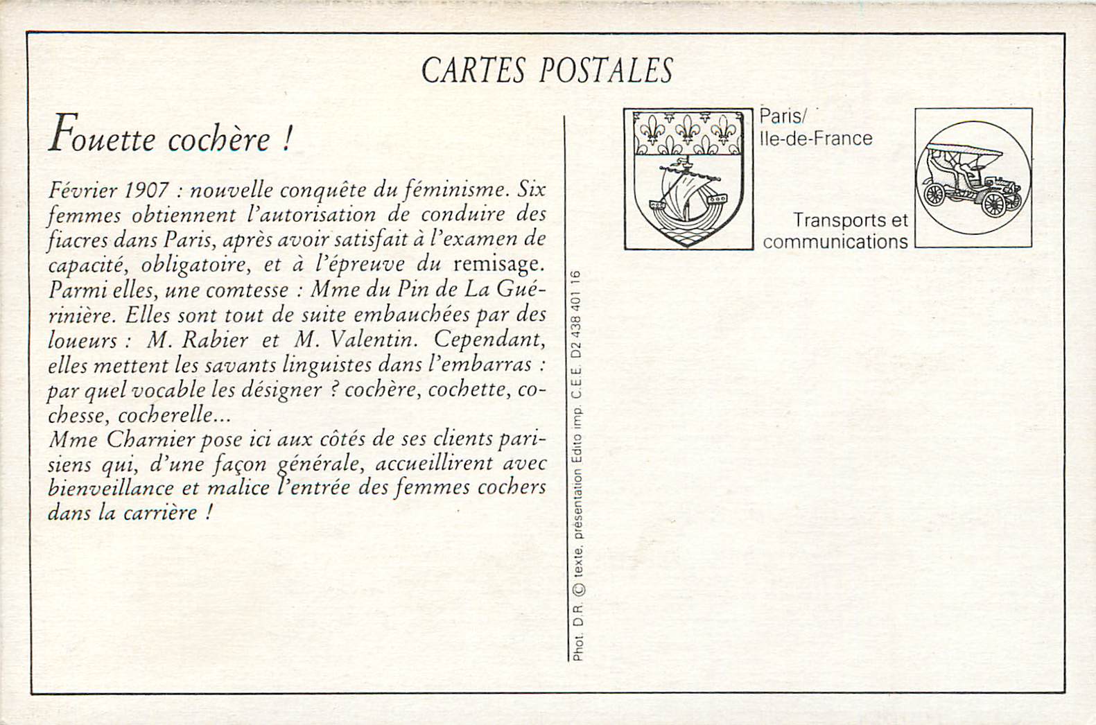 REPRO Paris Moderne Les Femmes Cochers Fouette Cochere — Rückseite