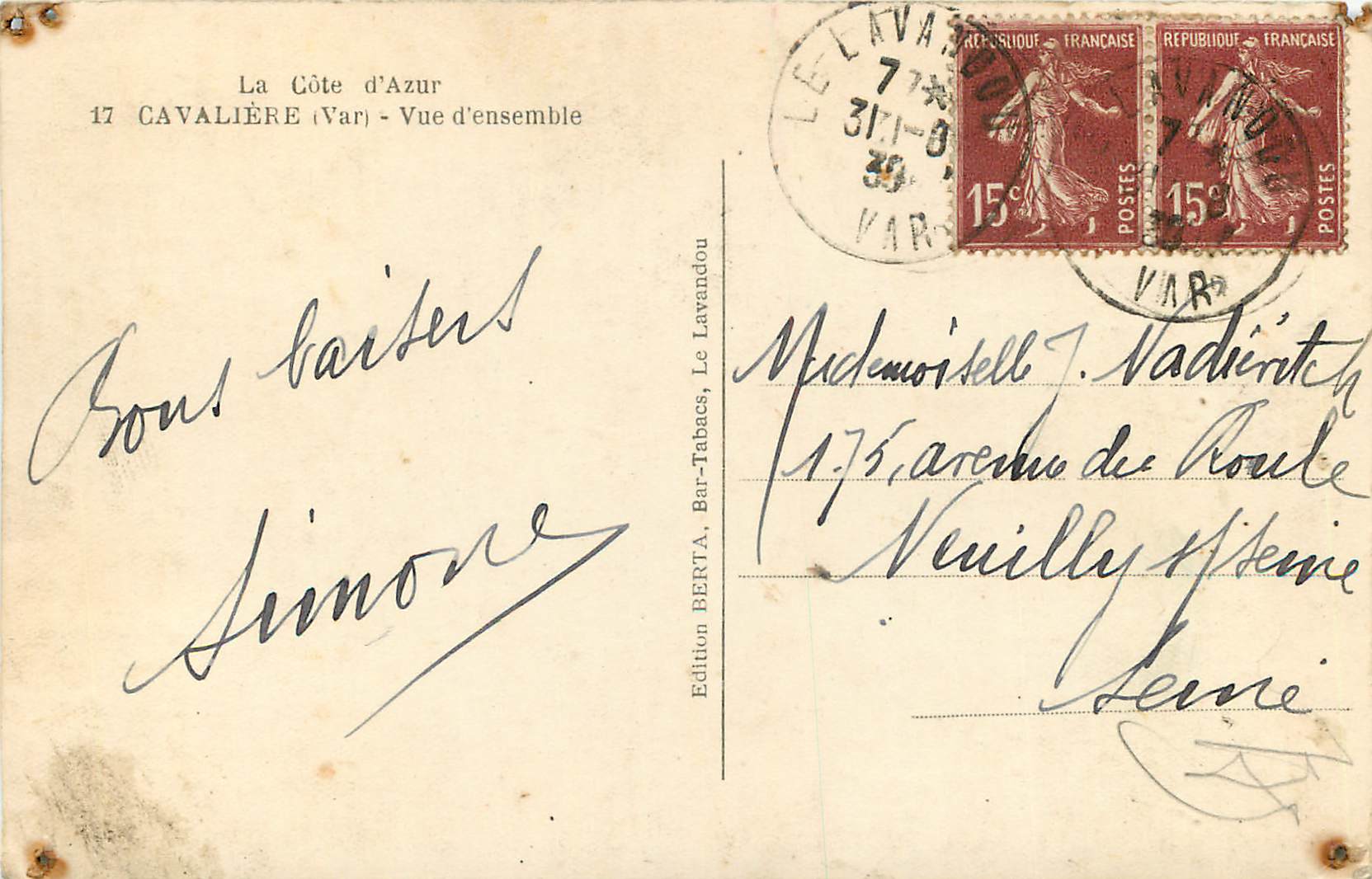 Cavalière (Var) — Übersicht — Edition BERTA, Bar-Tabacs, Le Lavandou — Rückseite