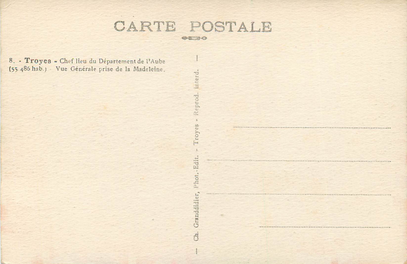 CPA Troyes Chef Lieu du Departement de L'Aube Vue Generale Prise de la Madeleine — Back