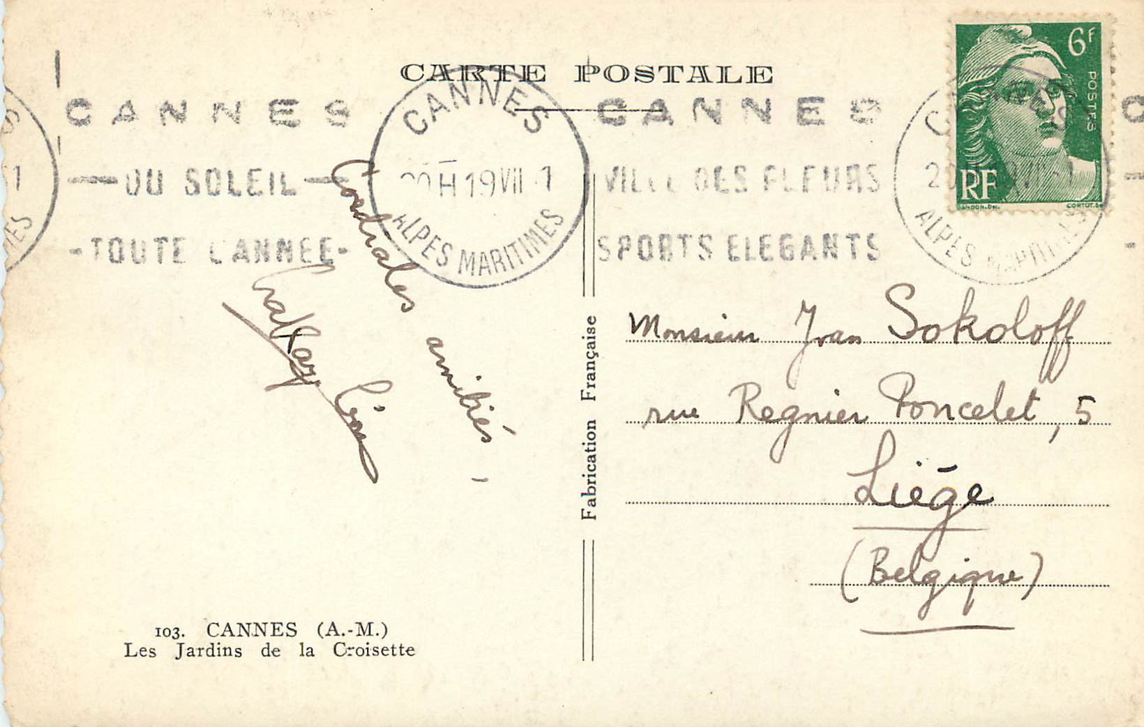 CPM Cannes (A M) Les Jardins de la Croisette — Rückseite