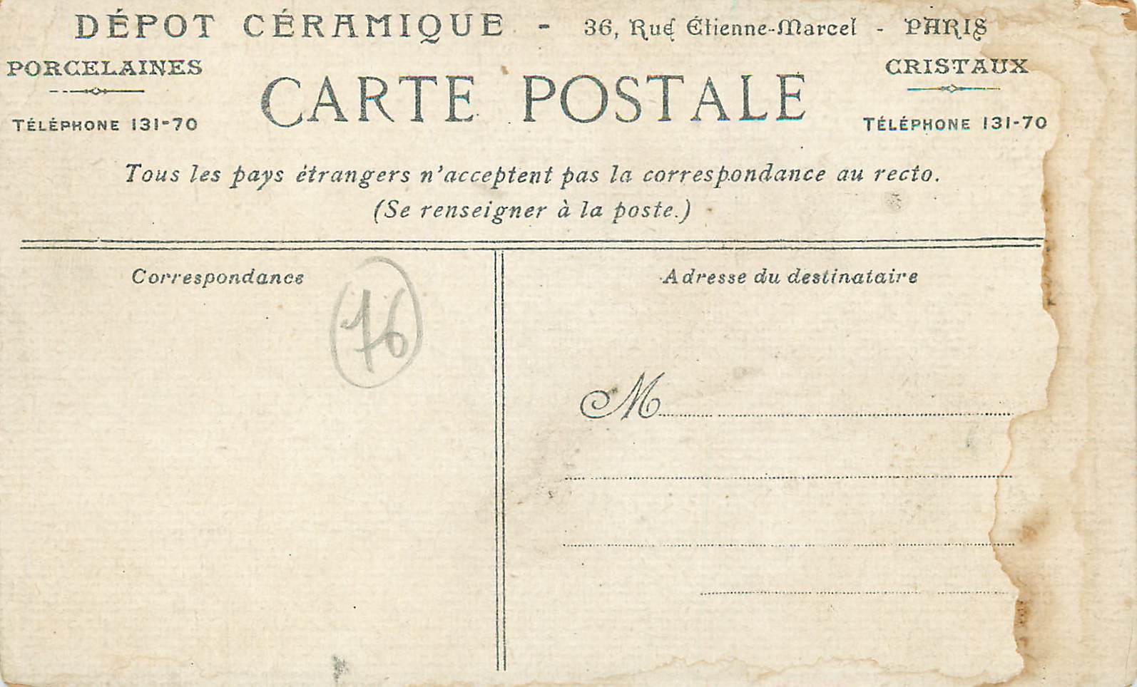 CPA Dieppe Le Casino et la Plage vus du vieux Chateau Depot Ceramique rue Etienne Marcel Paris — Rückseite