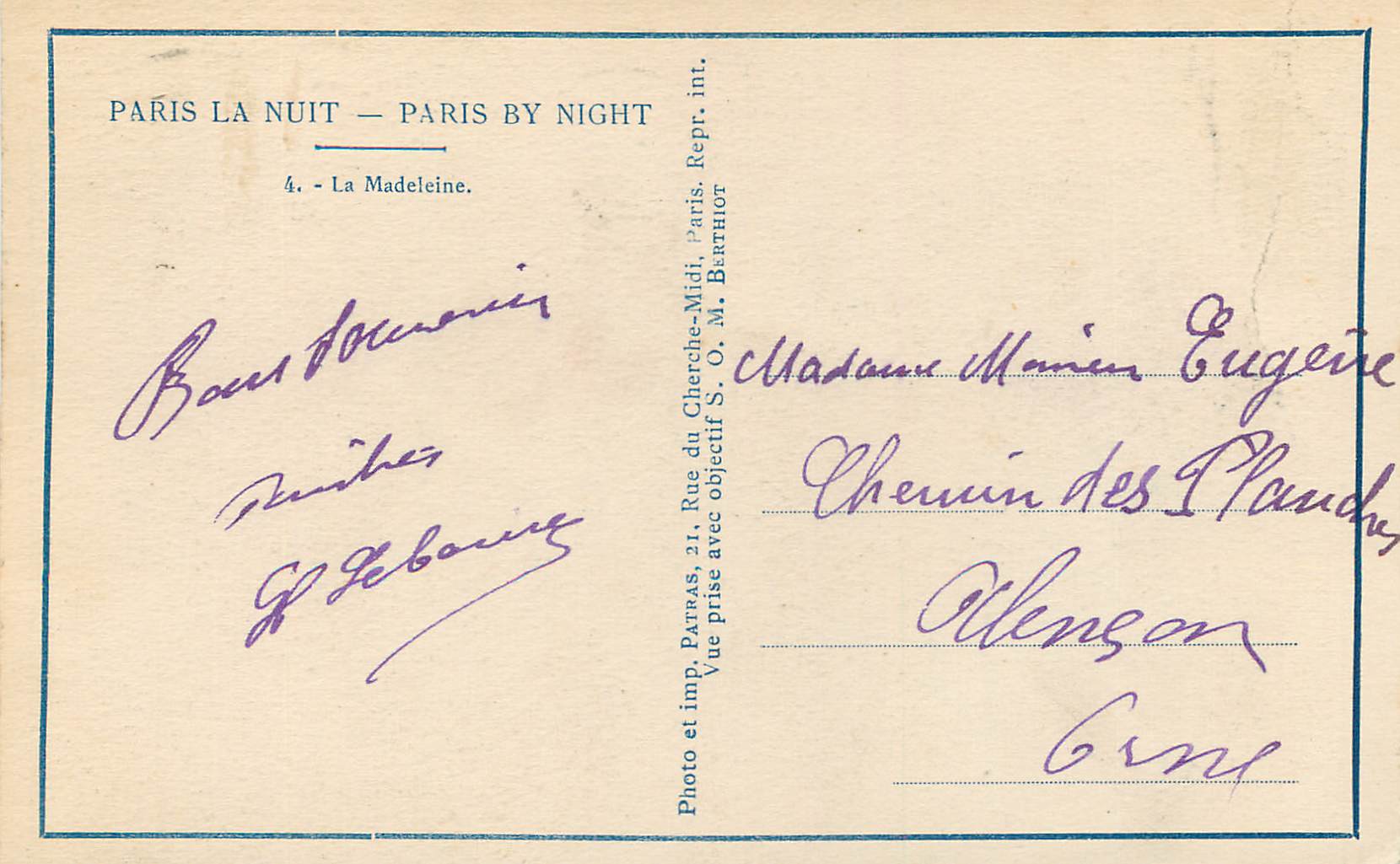 CPA Paris la Nuit La Madeleine — Rückseite