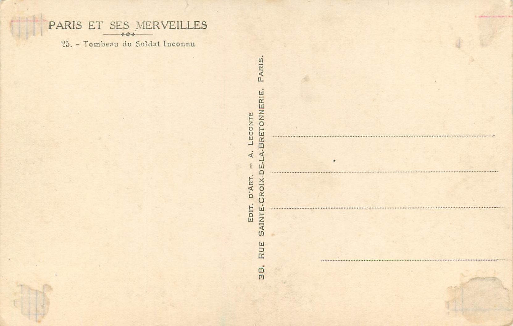 CPA Paris et Ses Merveilles Tombeau du Soldat Inconnu — Rückseite
