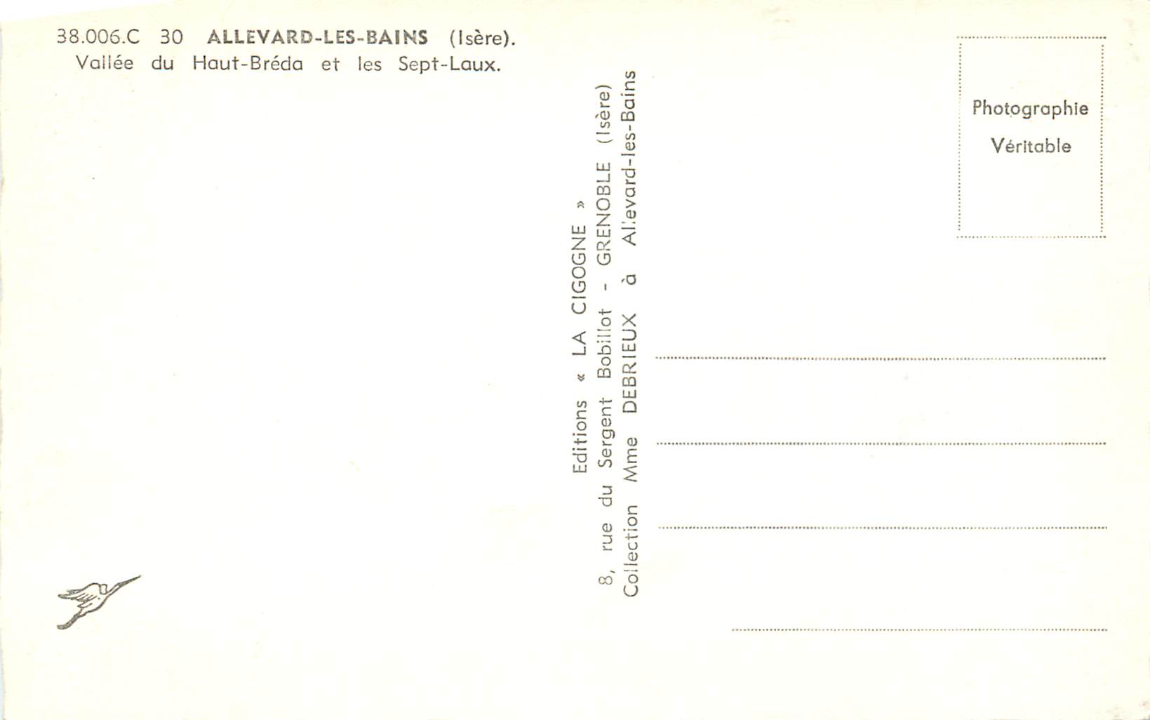Vallée du Haut-Bréda et les Sept-Laux — Allevard-les-Bains (Isère) — Éditions « LA CIGOGNE » — Verso