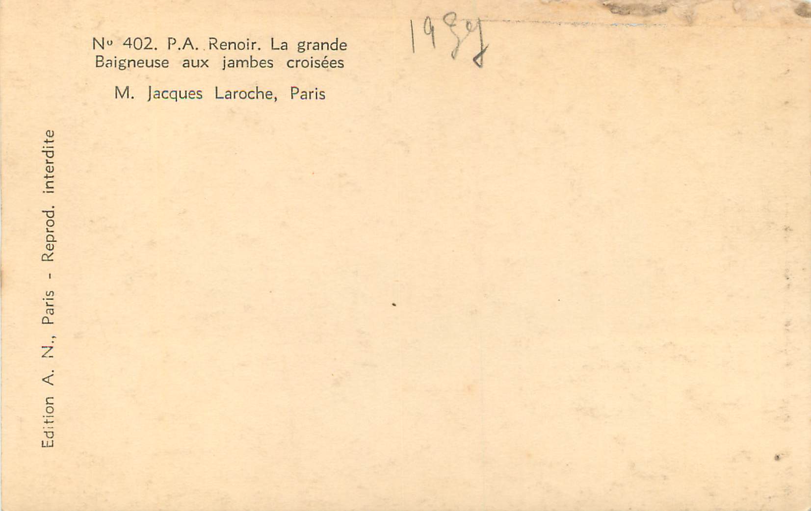CPA P A Renoir La Grande Baigneuse aux Jambes Croisees M Jacques Laroche Paris — Verso