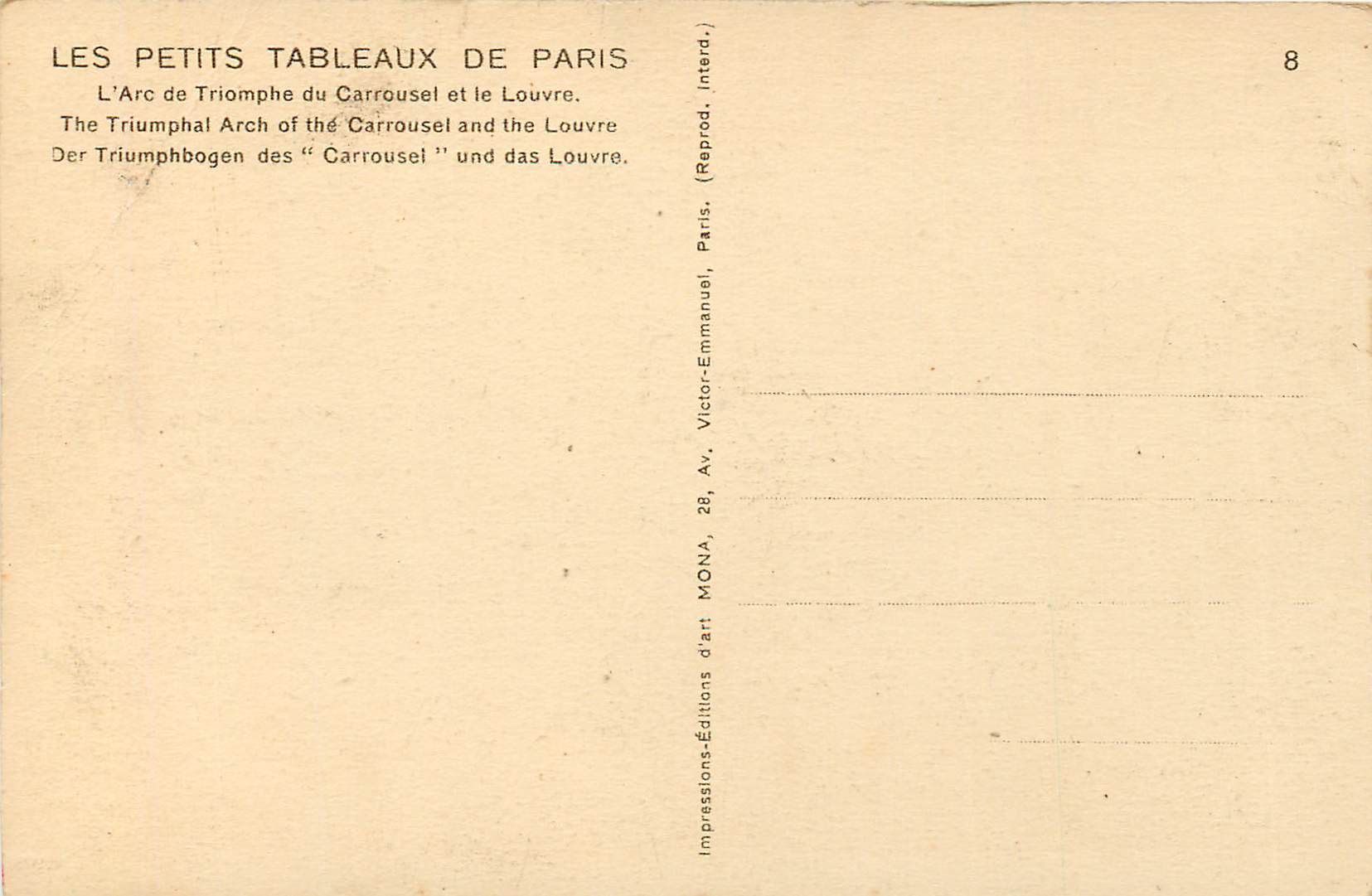 CPA Les Petis Tableaux de Paris L'Arc de Triomphe du Carrousel et le Louvre — Rückseite