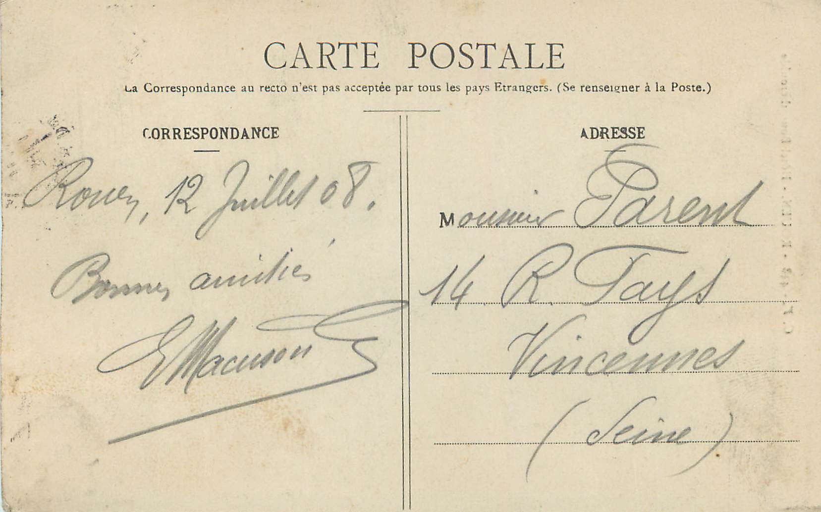 CPA Rouen Hotel Bourgtheroulde — Rückseite