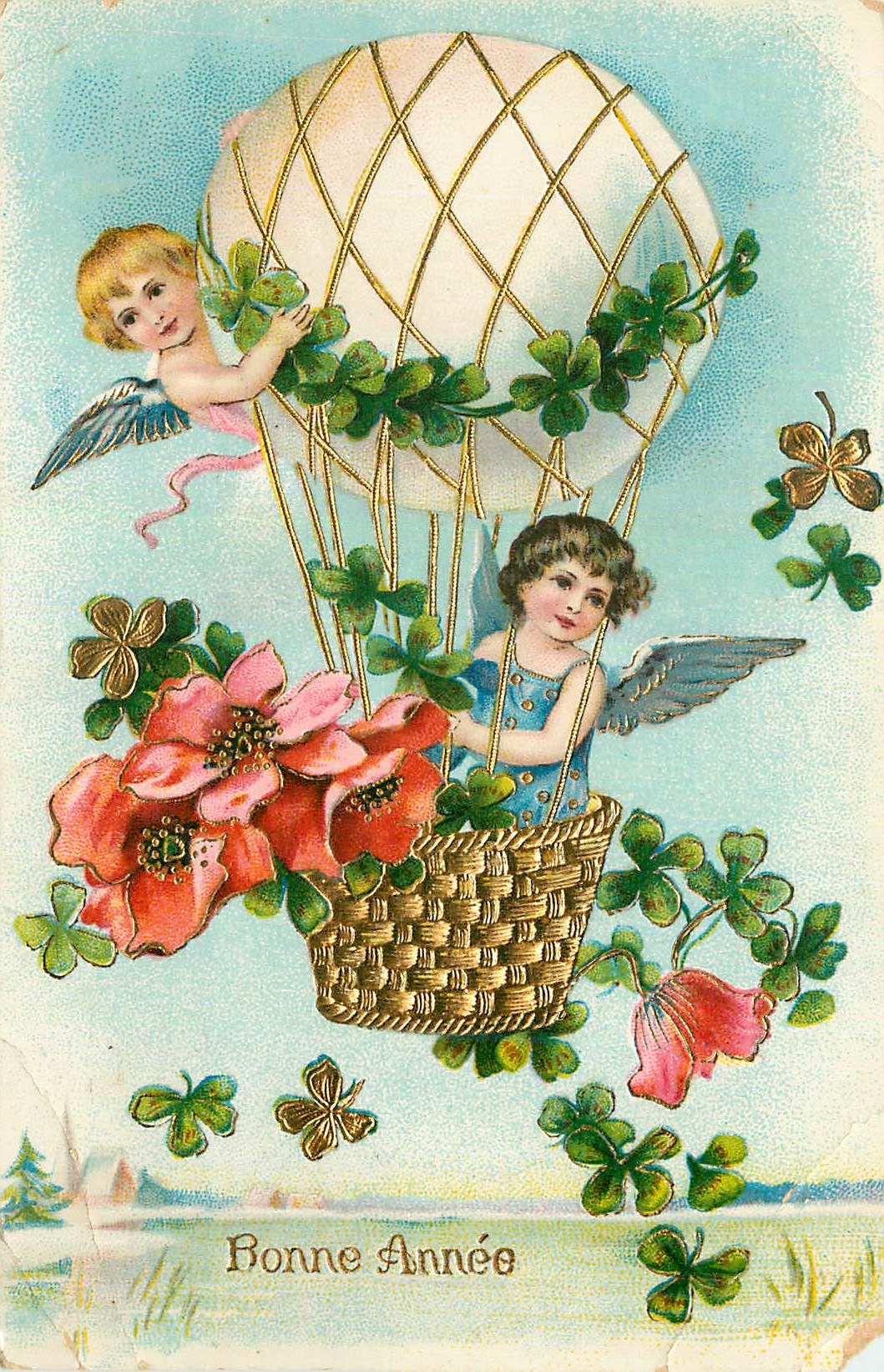 CPA Bonne Annee Ange Mongolfiere