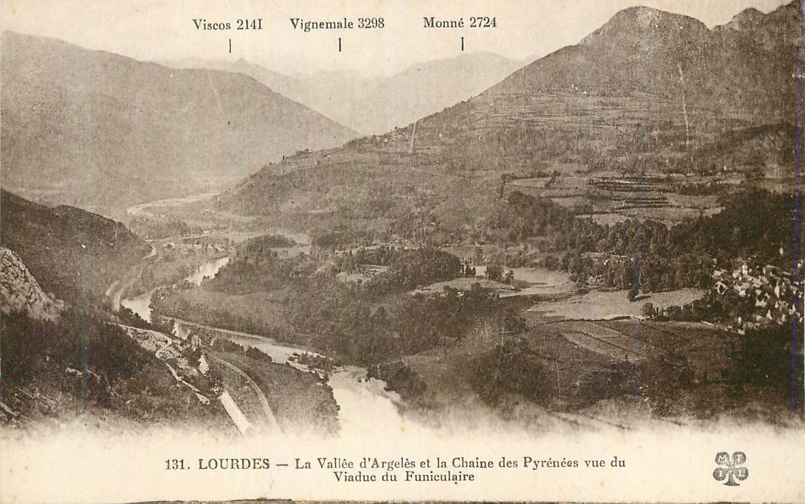 CPA Lourdes La Vallee d'Argeles et la Chaine des Pyrenees Vue du Viadue du Funiculaire