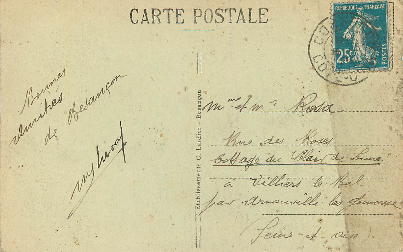 Besançon-les-Bains — Vue générale prise de Brégille — Éditeur C. Lardier, n° 200 — Verso