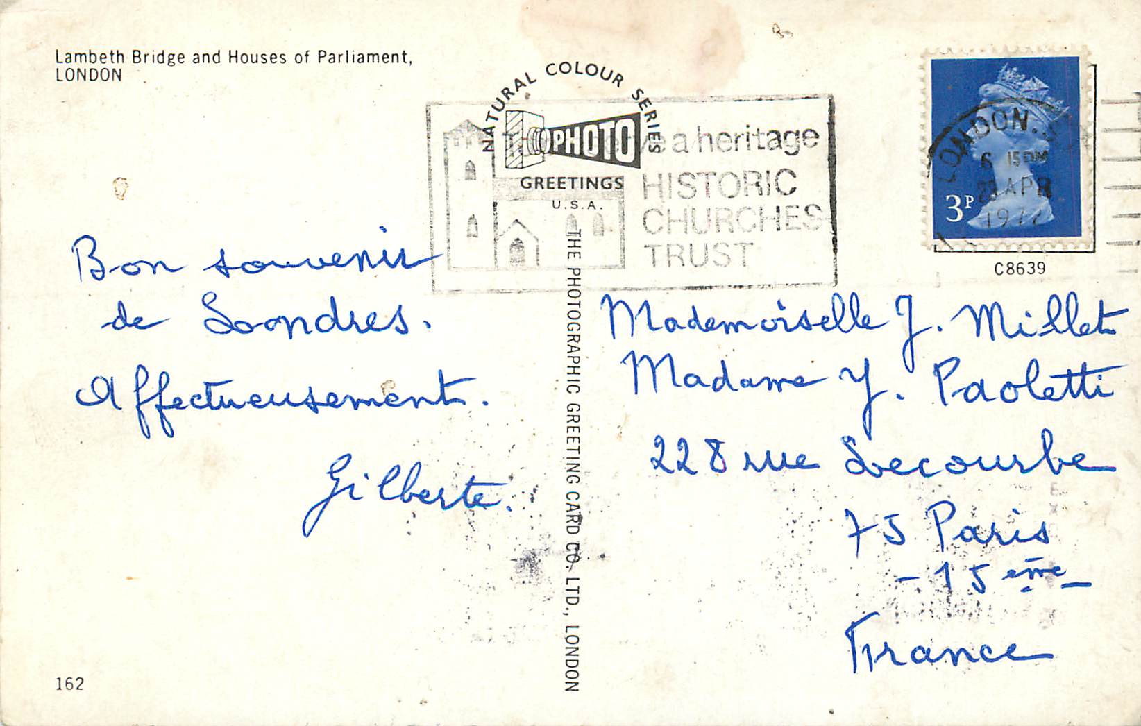 Lambeth Bridge und Houses of Parliament — Natural Colour Series — The Photographic Greeting Card Co. Ltd., London — Rückseite