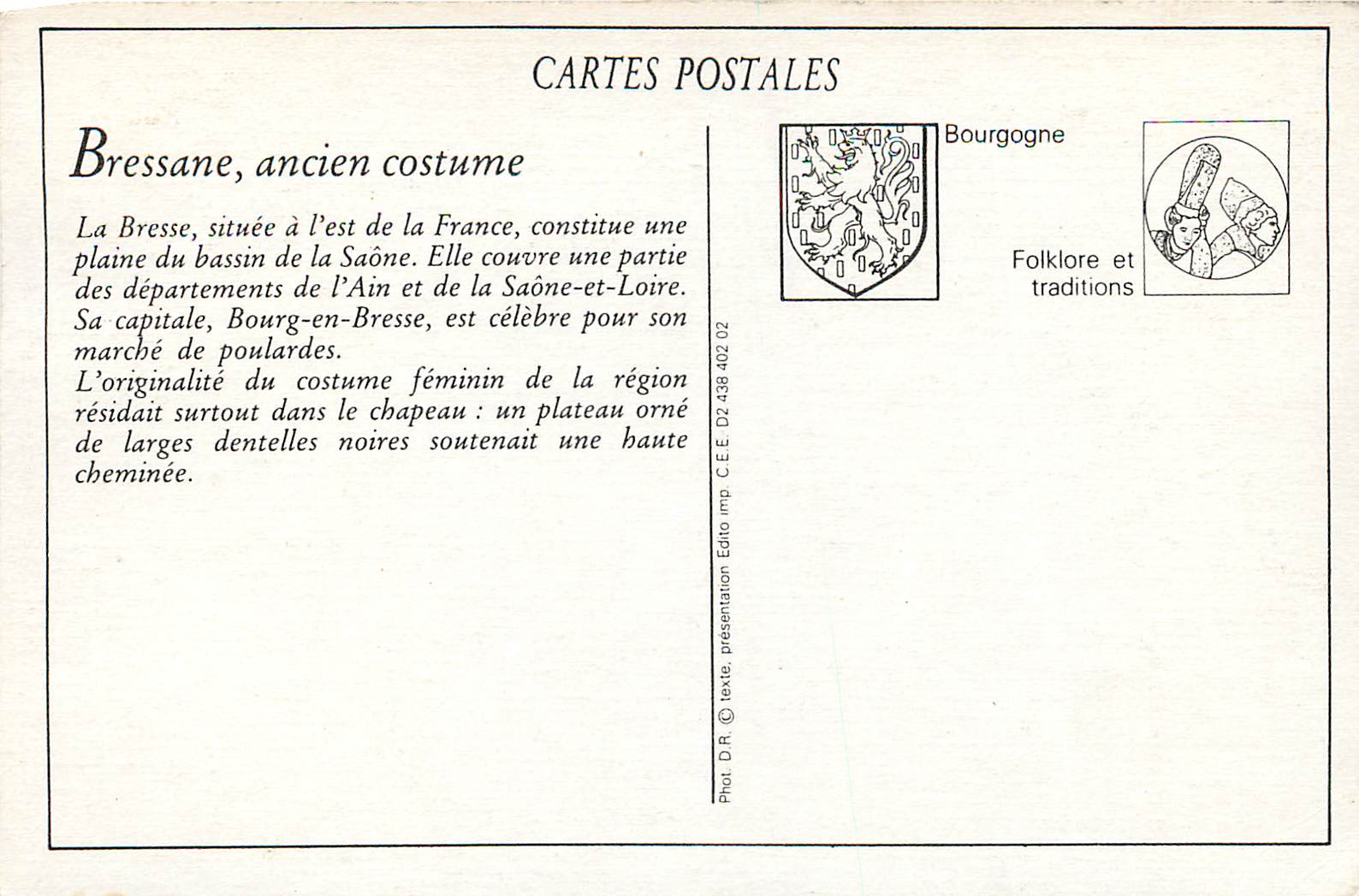 REPRO Bressane Ancien Costume H Ferrand Editeur Bourg Folklore et Traditions — Verso